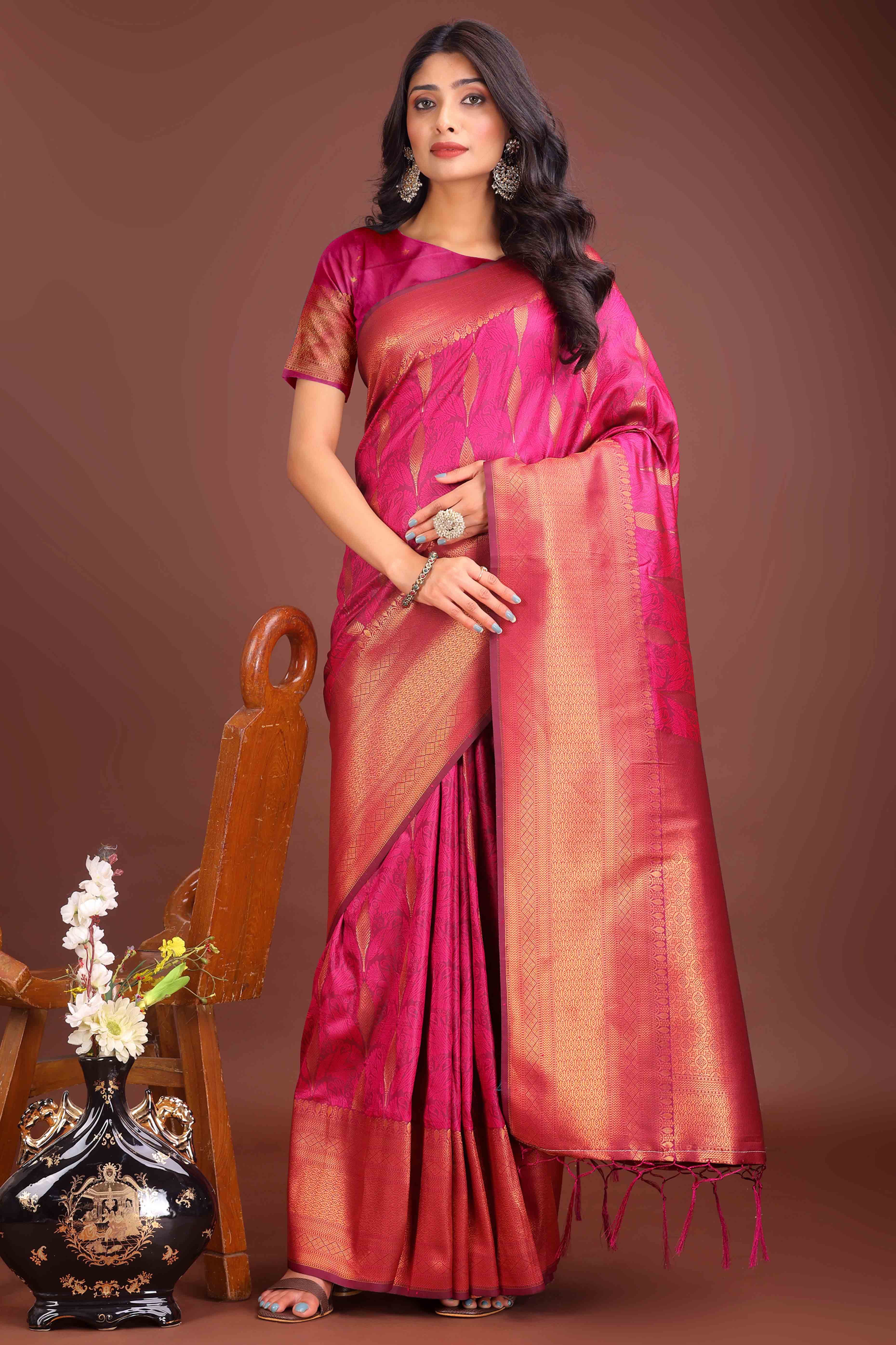 Rani Pink Zari Woven Banarasi Silk Saree With Timeless Tassel Border