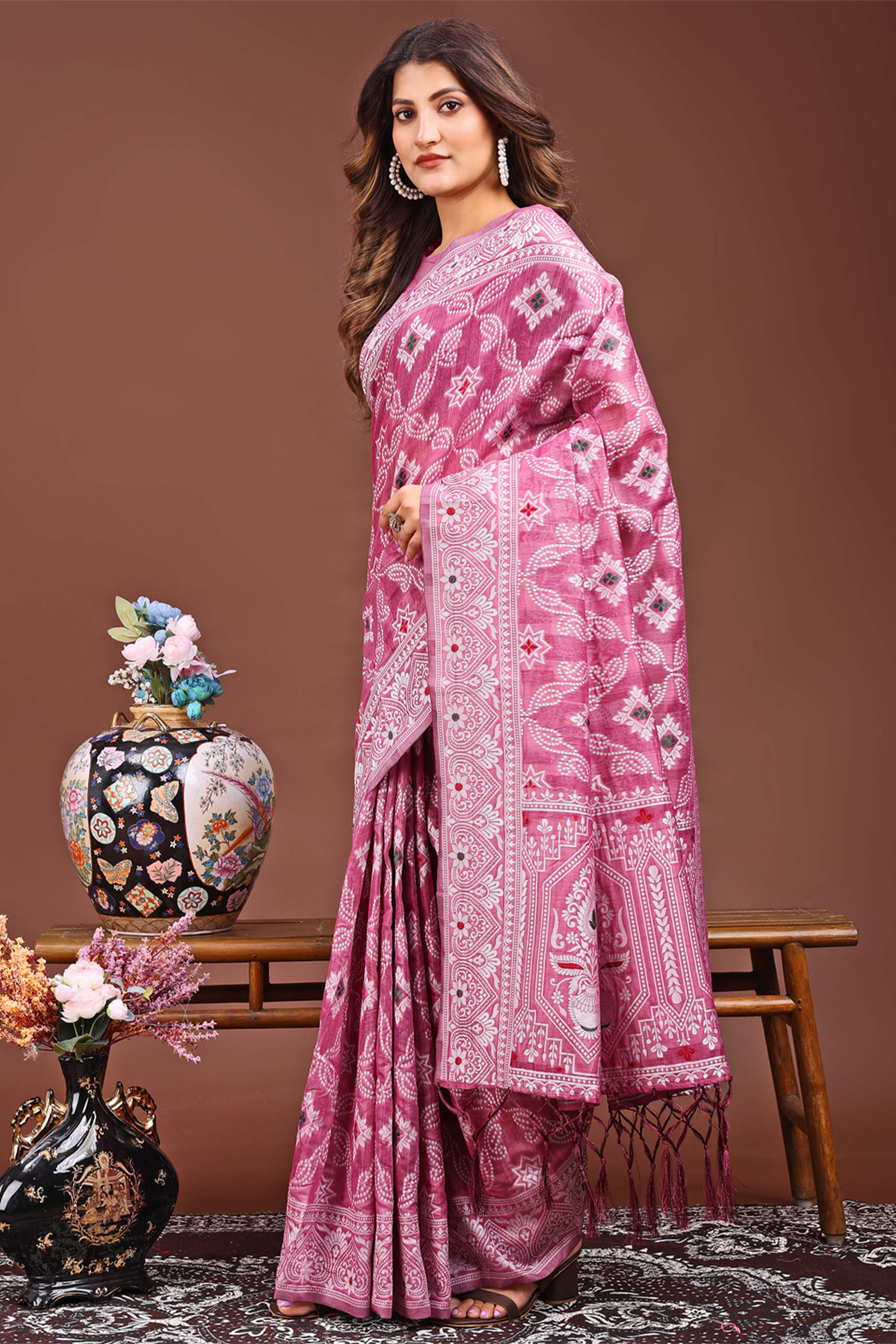 Traditional Bandhani Inspired Woven Pink Saree in Breathable Linen Cotton