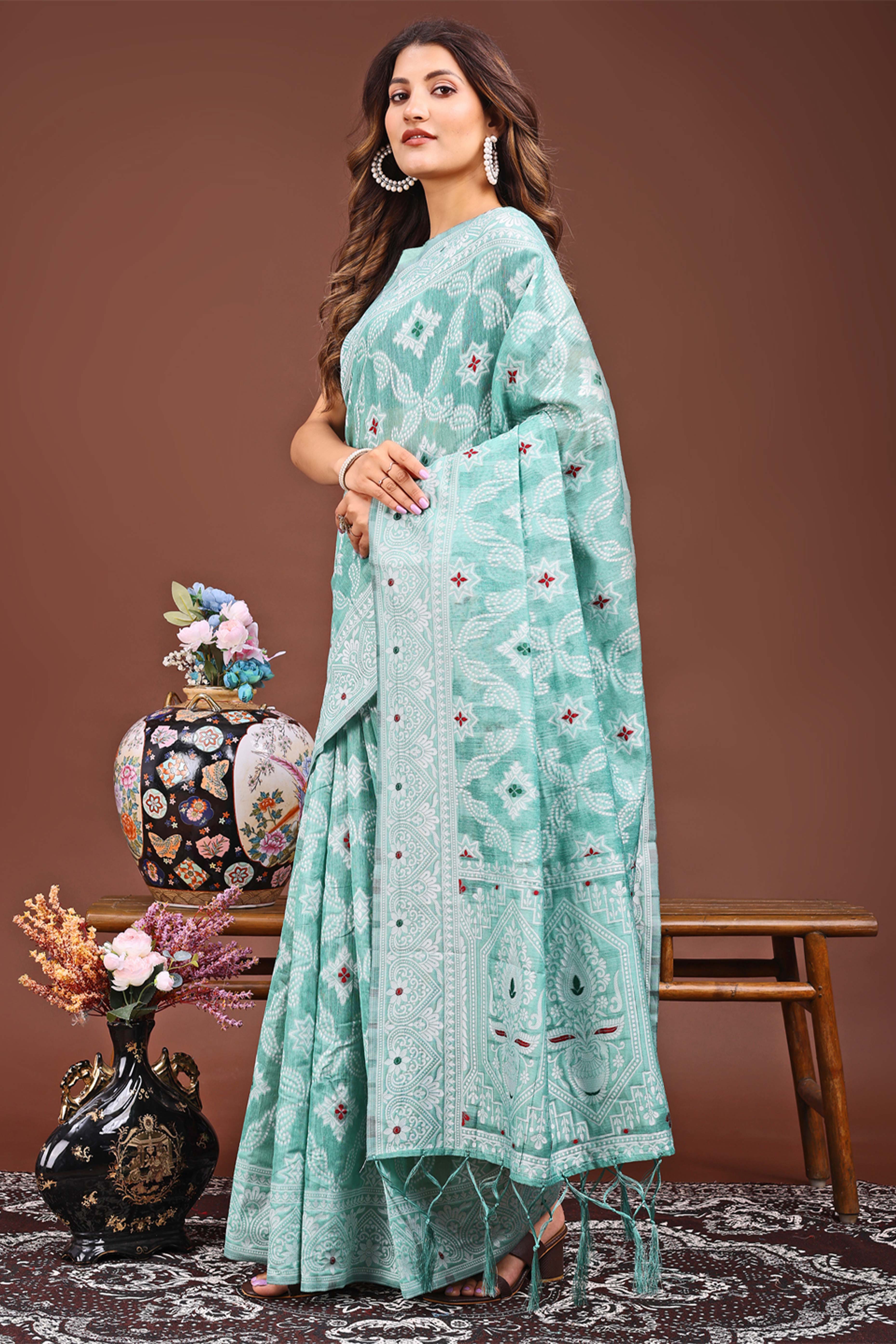 Traditional Bandhani Inspired Woven Sea Green Saree in Breathable Linen Cotton
