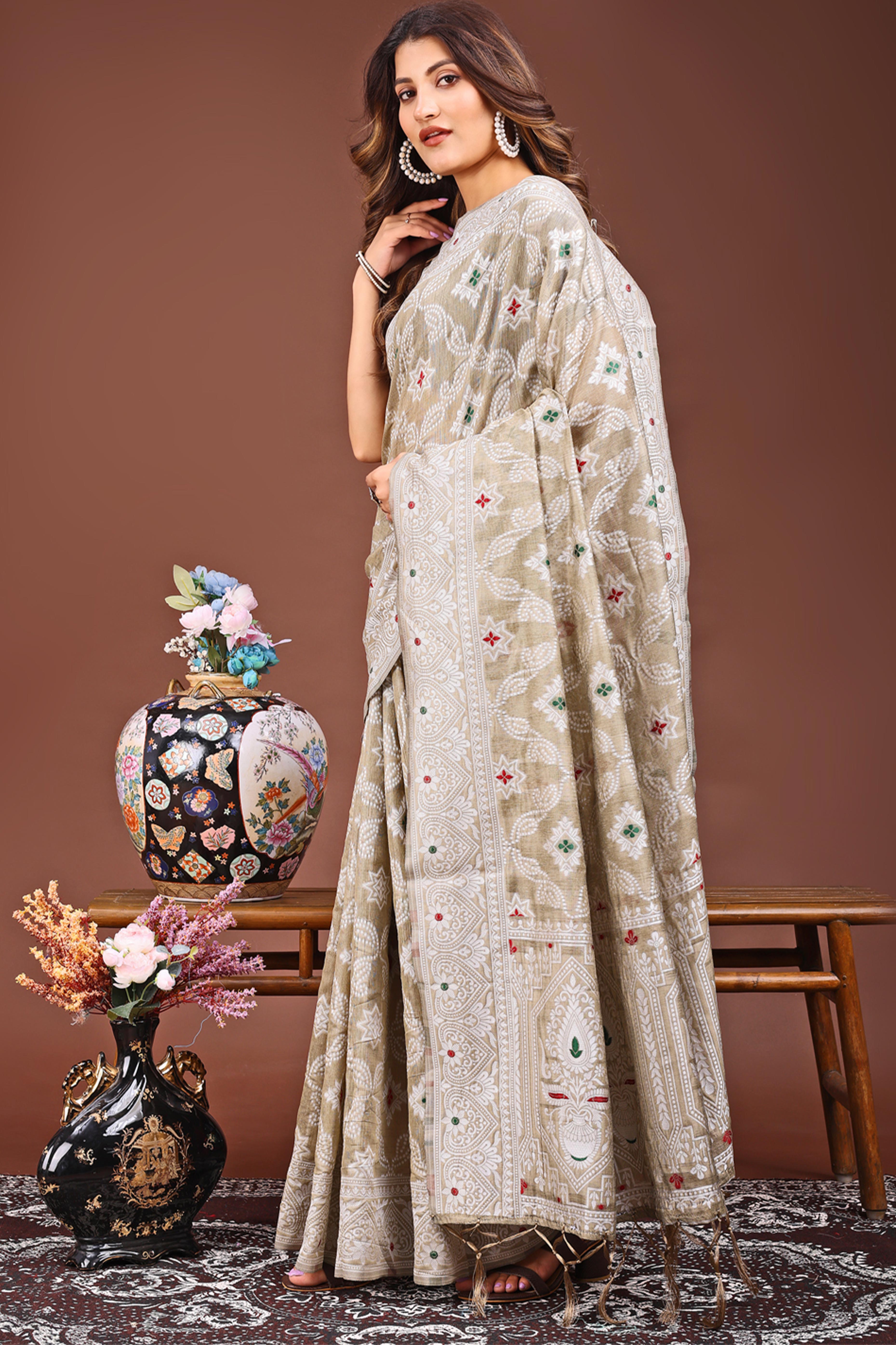 Traditional Bandhani Inspired Woven Brown Saree in Breathable Linen Cotton