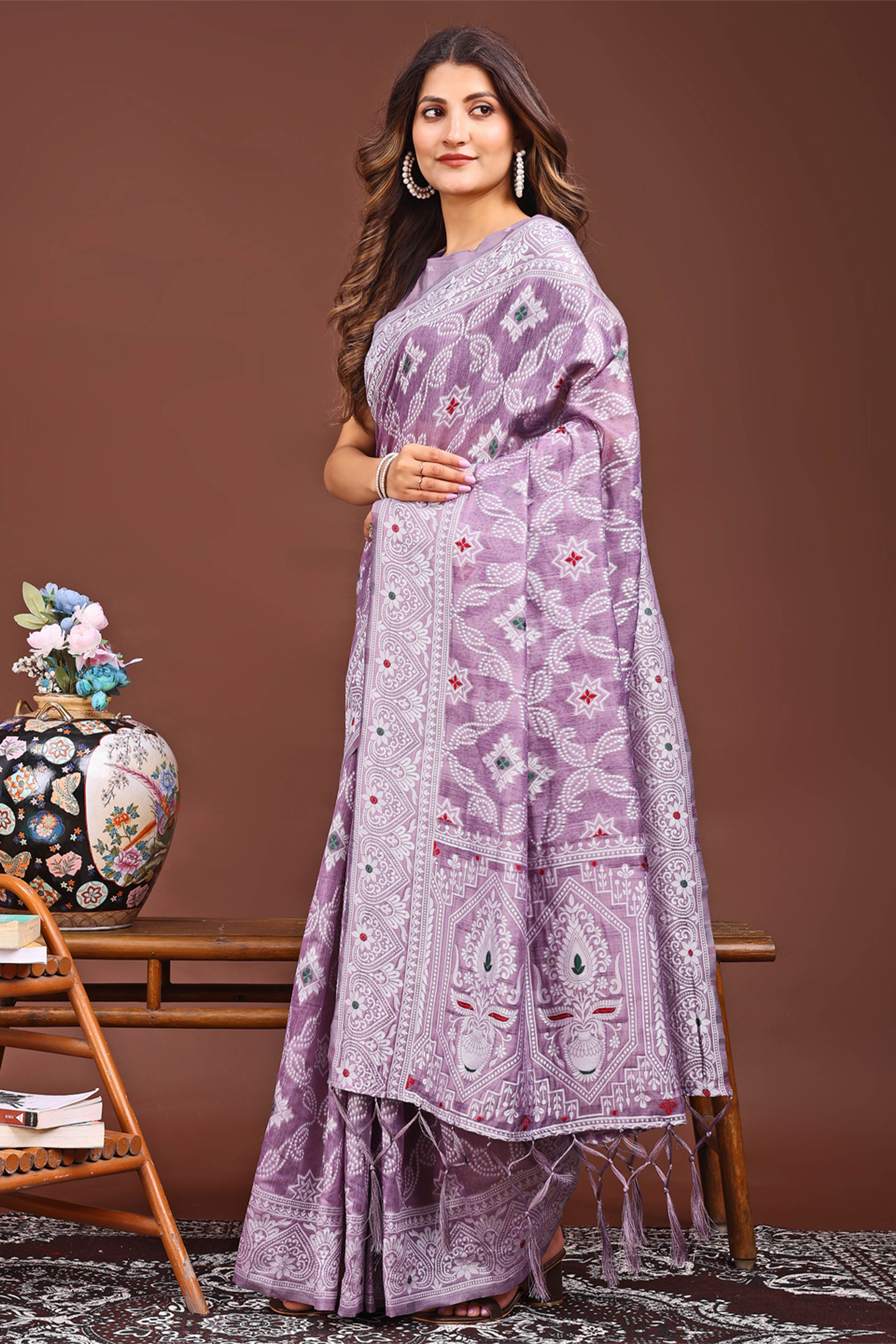 Traditional Bandhani Inspired Woven Purple Saree in Breathable Linen Cotton