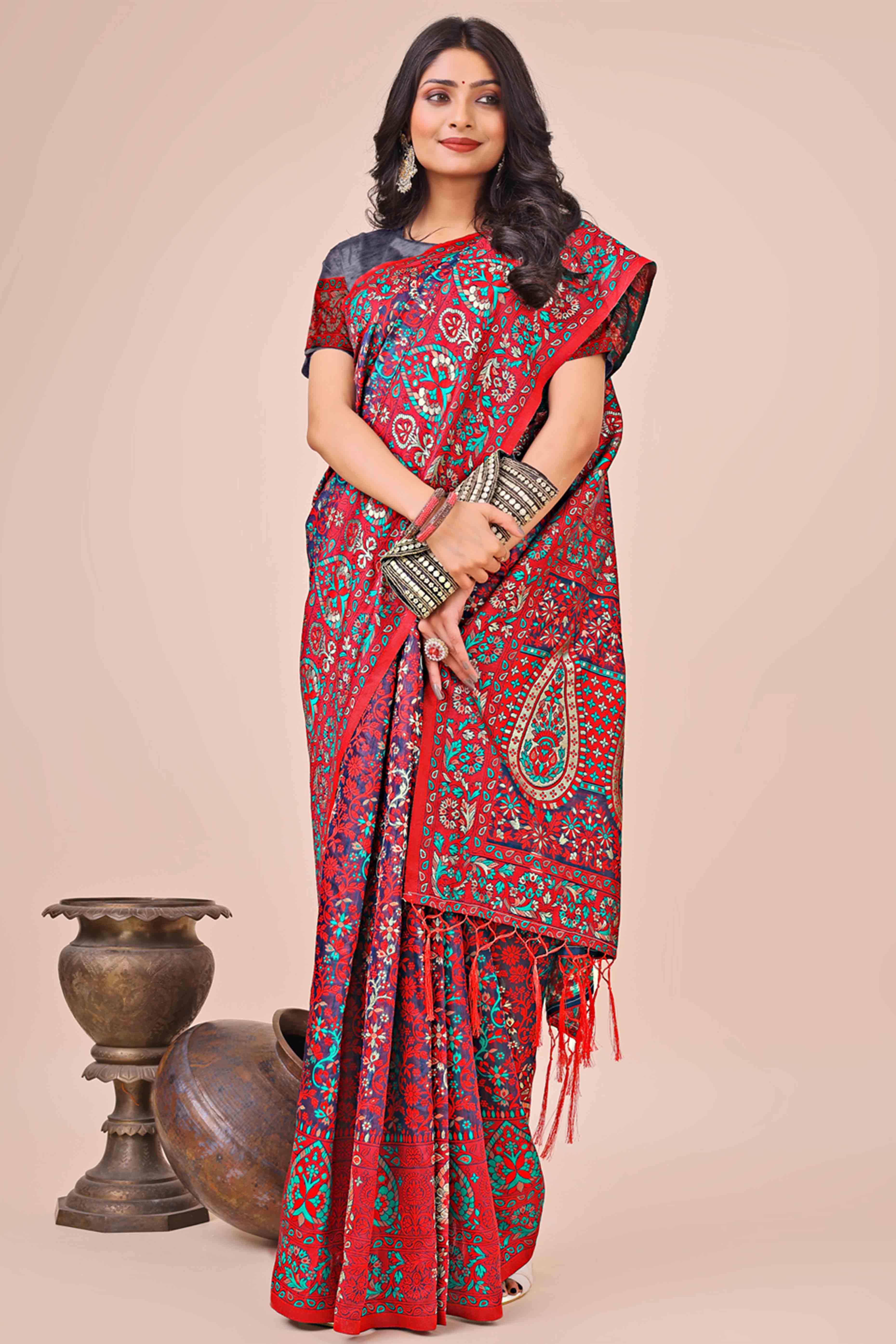 Red & Blue Floral Woven Cotton Blend Saree With A Breezy Tassel Finish