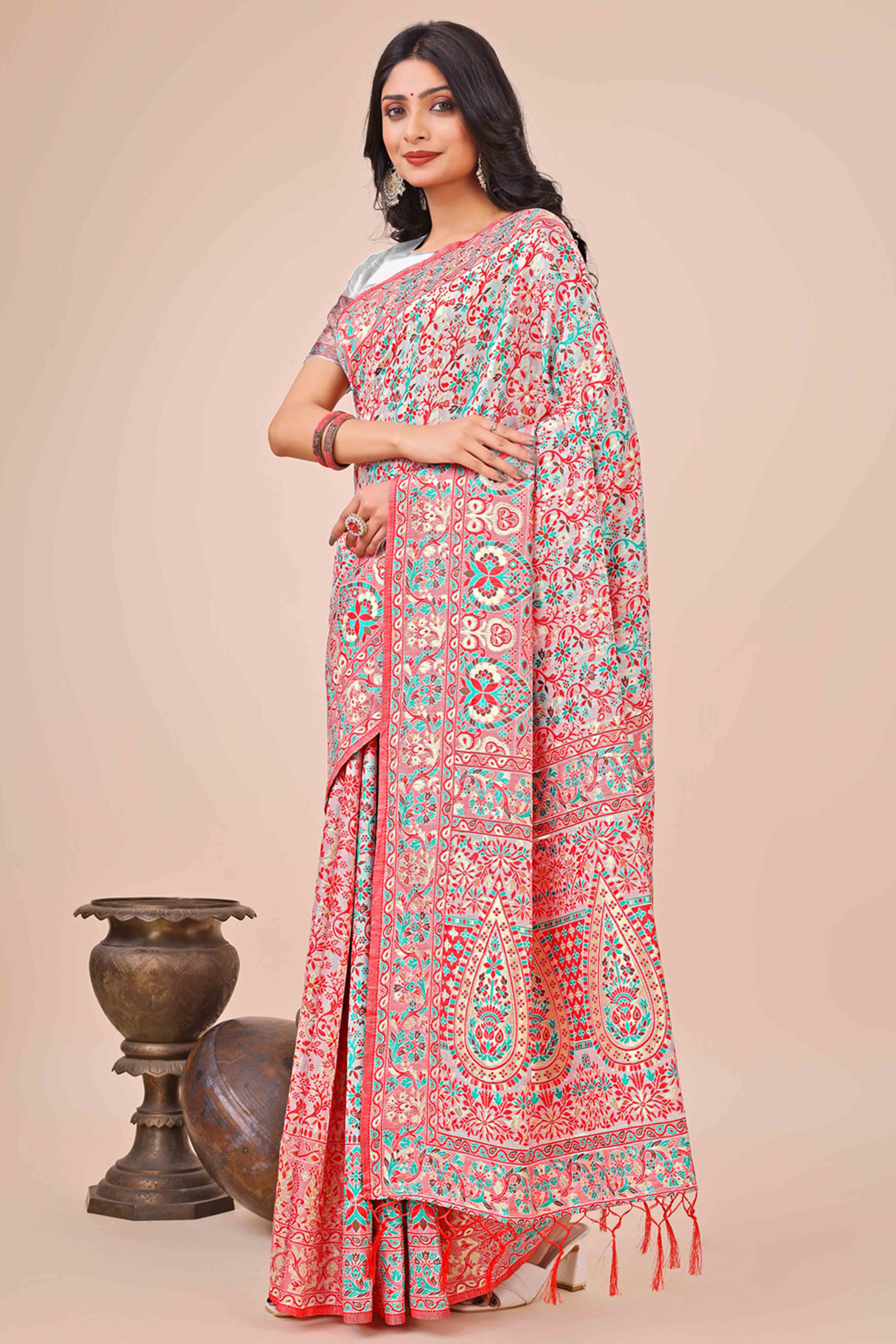 White Floral Woven Cotton Blend Saree With A Breezy Tassel Finish