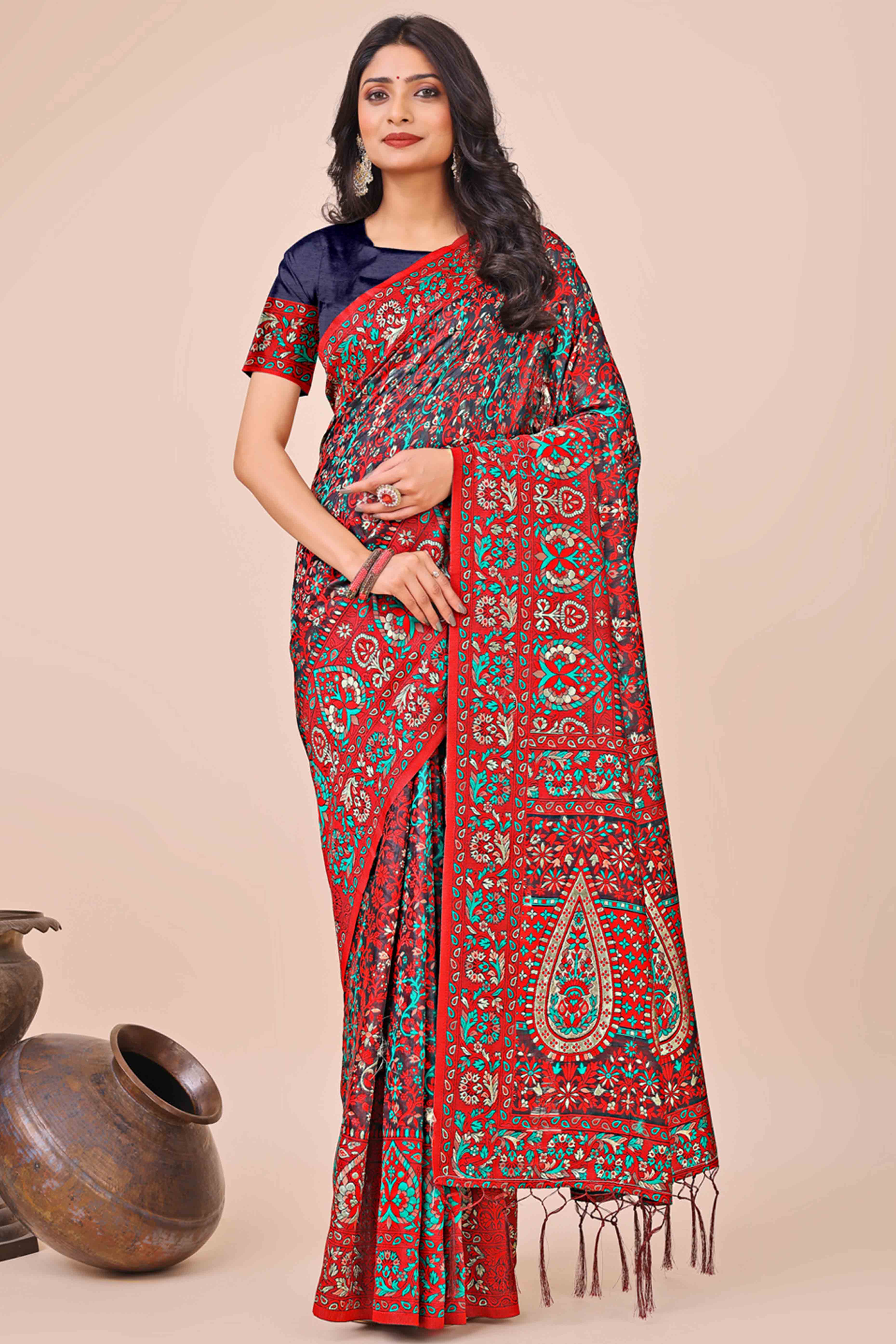 Red & Black Floral Woven Cotton Blend Saree With A Breezy Tassel Finish