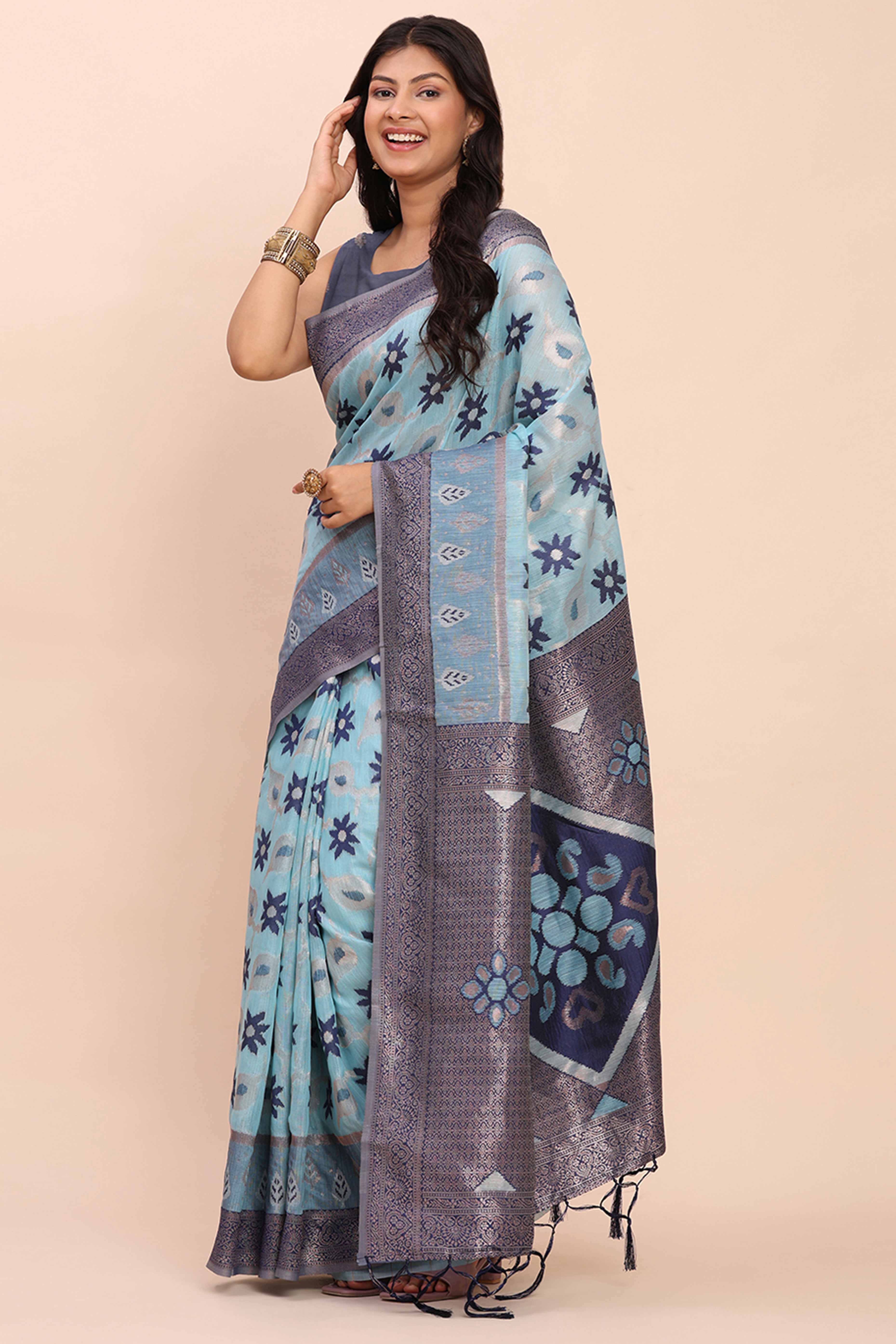 Sky Blue Patola Inspired Linen Cotton Saree Adorned With Zari Weaving & Graceful Tassel Pallu