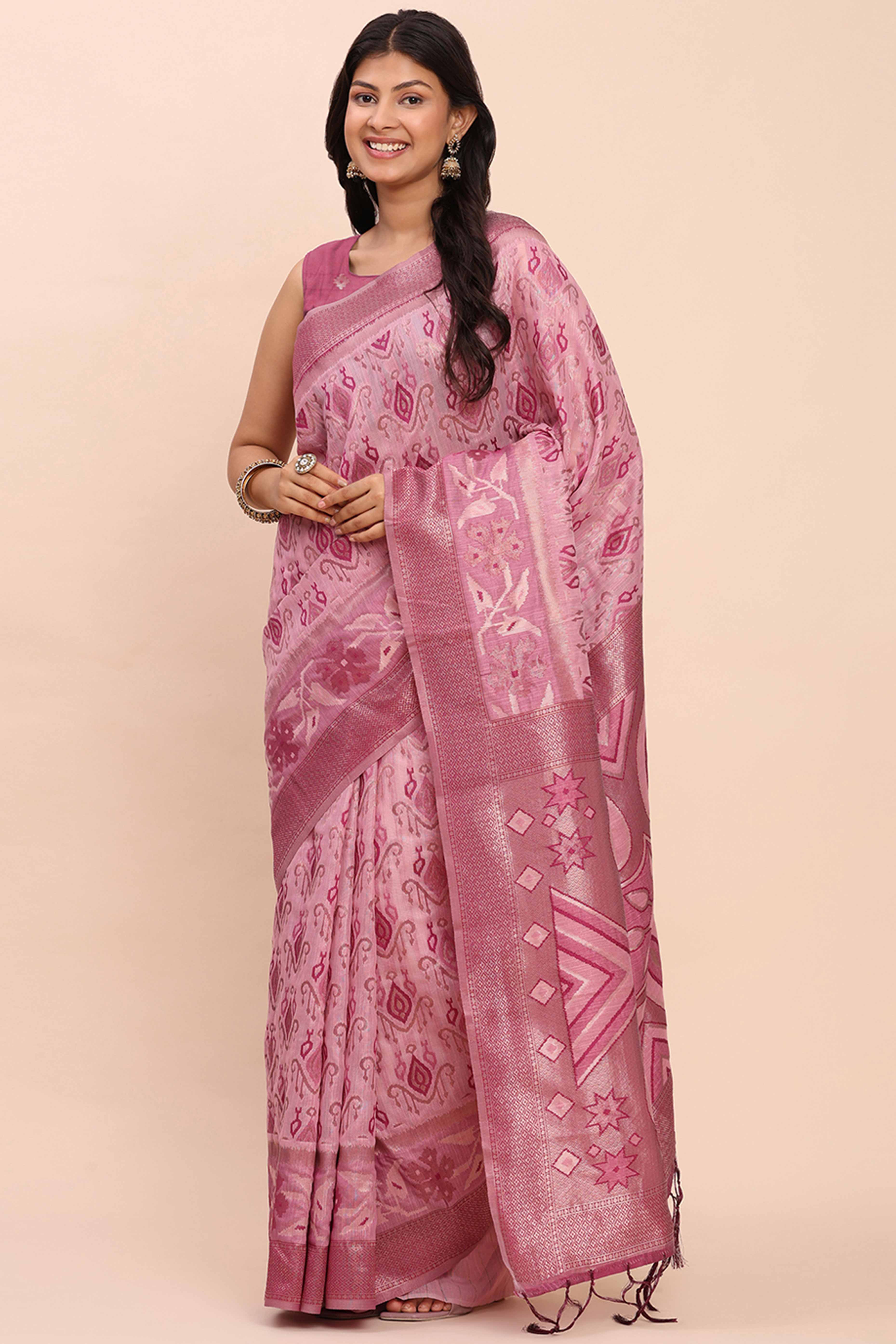 Onion Pink Patola Inspired Linen Cotton Saree Adorned With Zari Weaving & Graceful Tassel Pallu