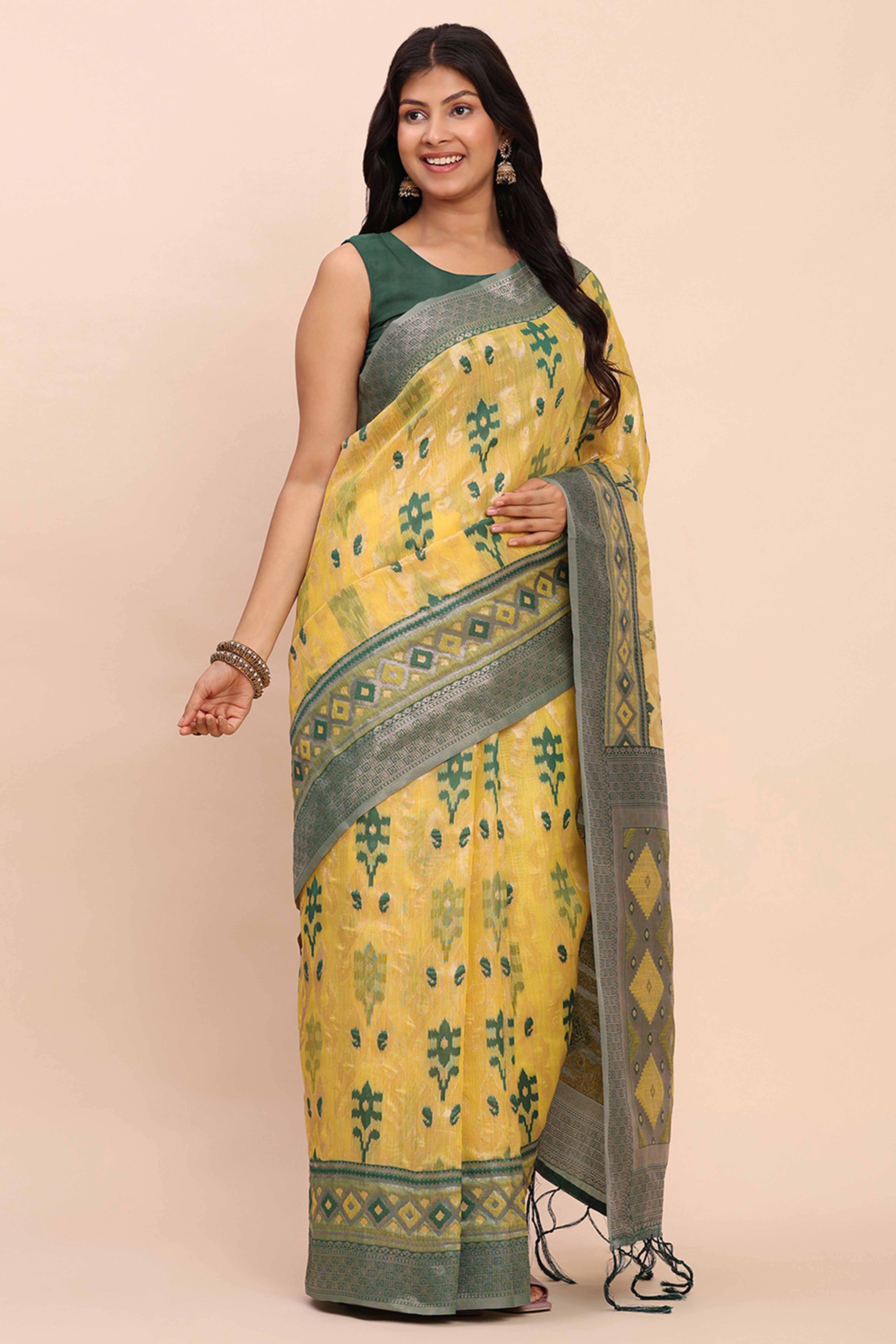 Yellow Patola Inspired Linen Cotton Saree Adorned With Zari Weaving & Graceful Tassel Pallu