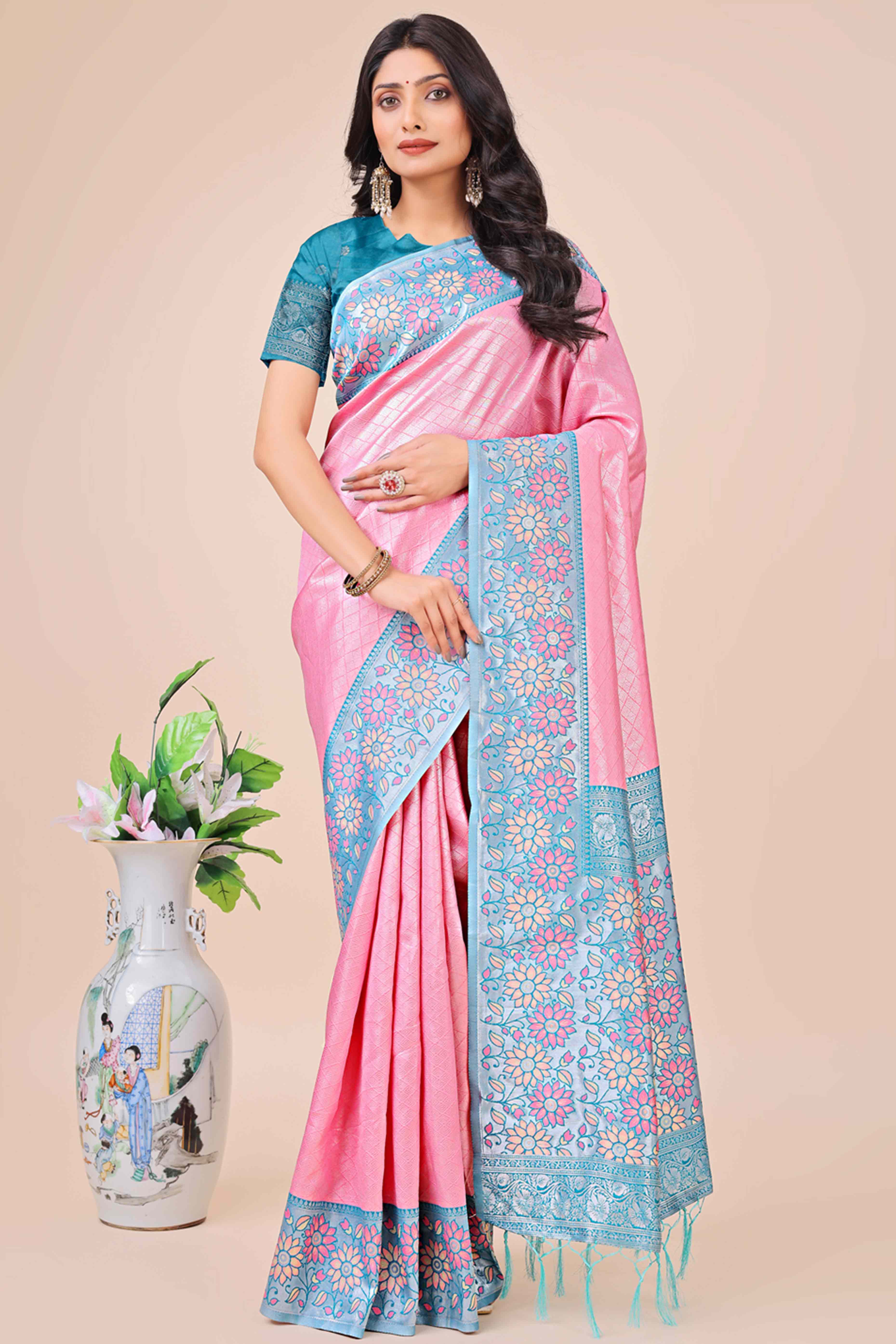 Pink Lichi Silk Blend Saree With Exquisite Floral Weaving & Graceful Tassel Details