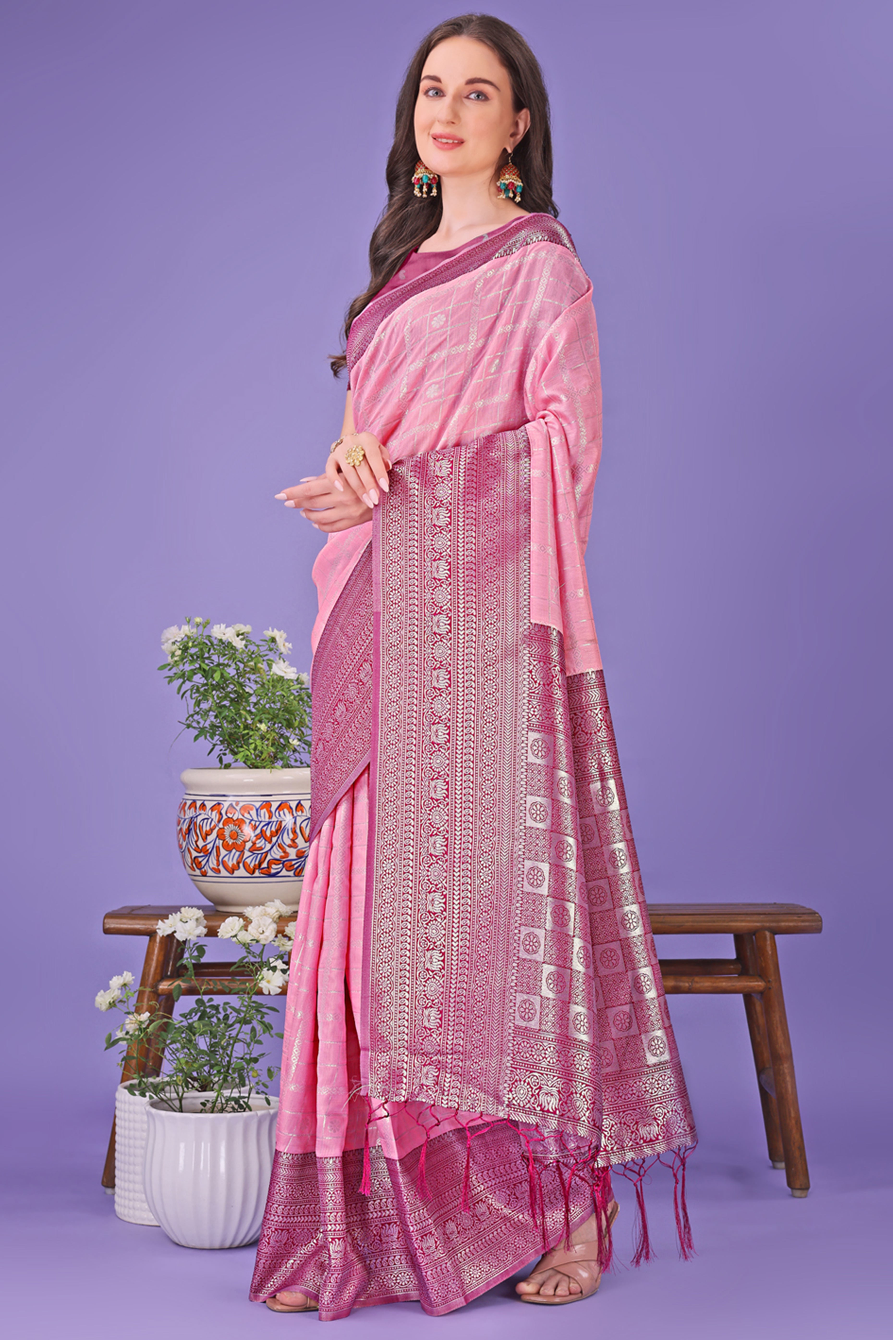 Pink Banarasi Weave in Checked Design with Lustrous Zari Embellishments