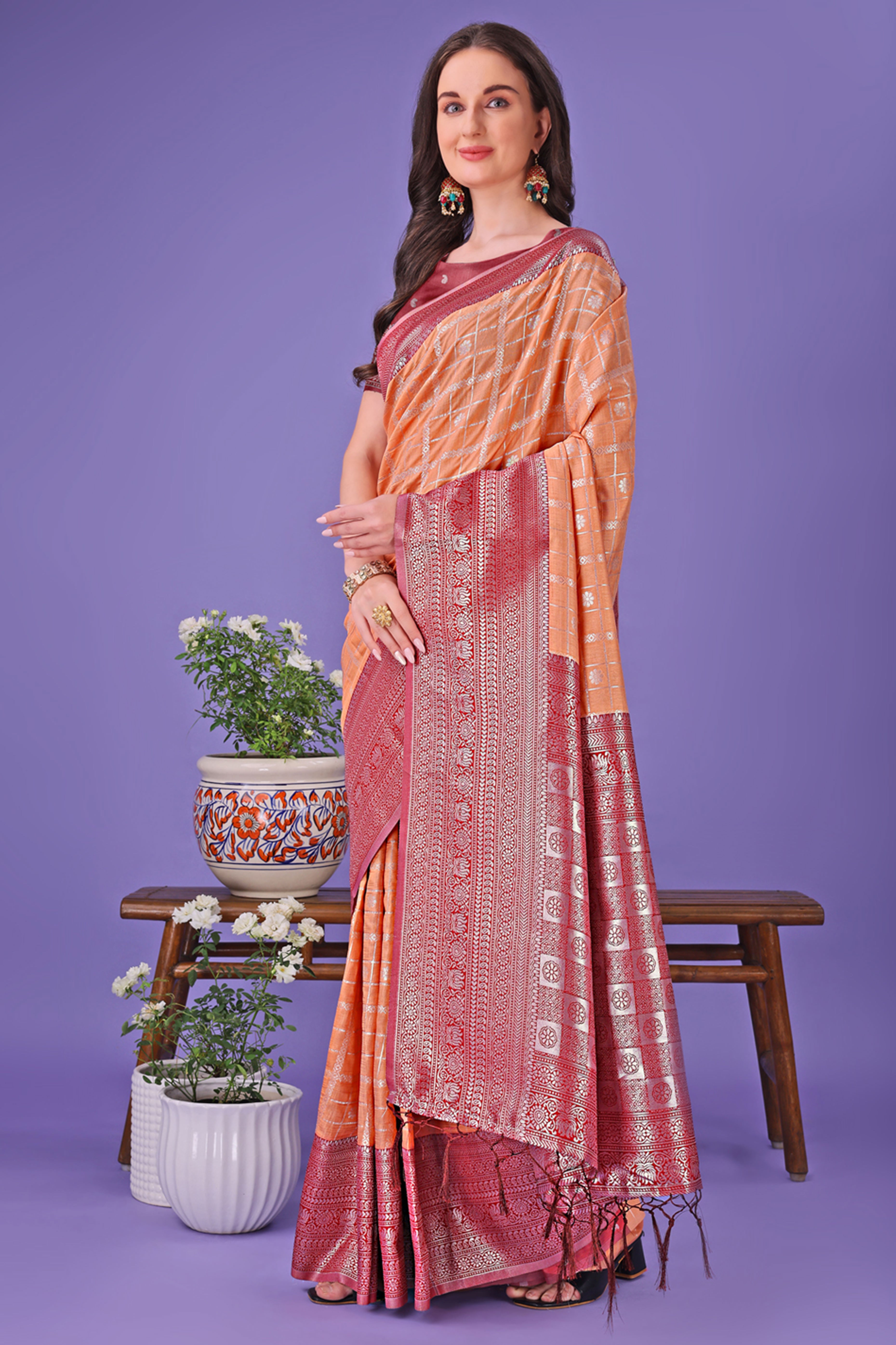 Orange Banarasi Weave in Checked Design with Lustrous Zari Embellishments