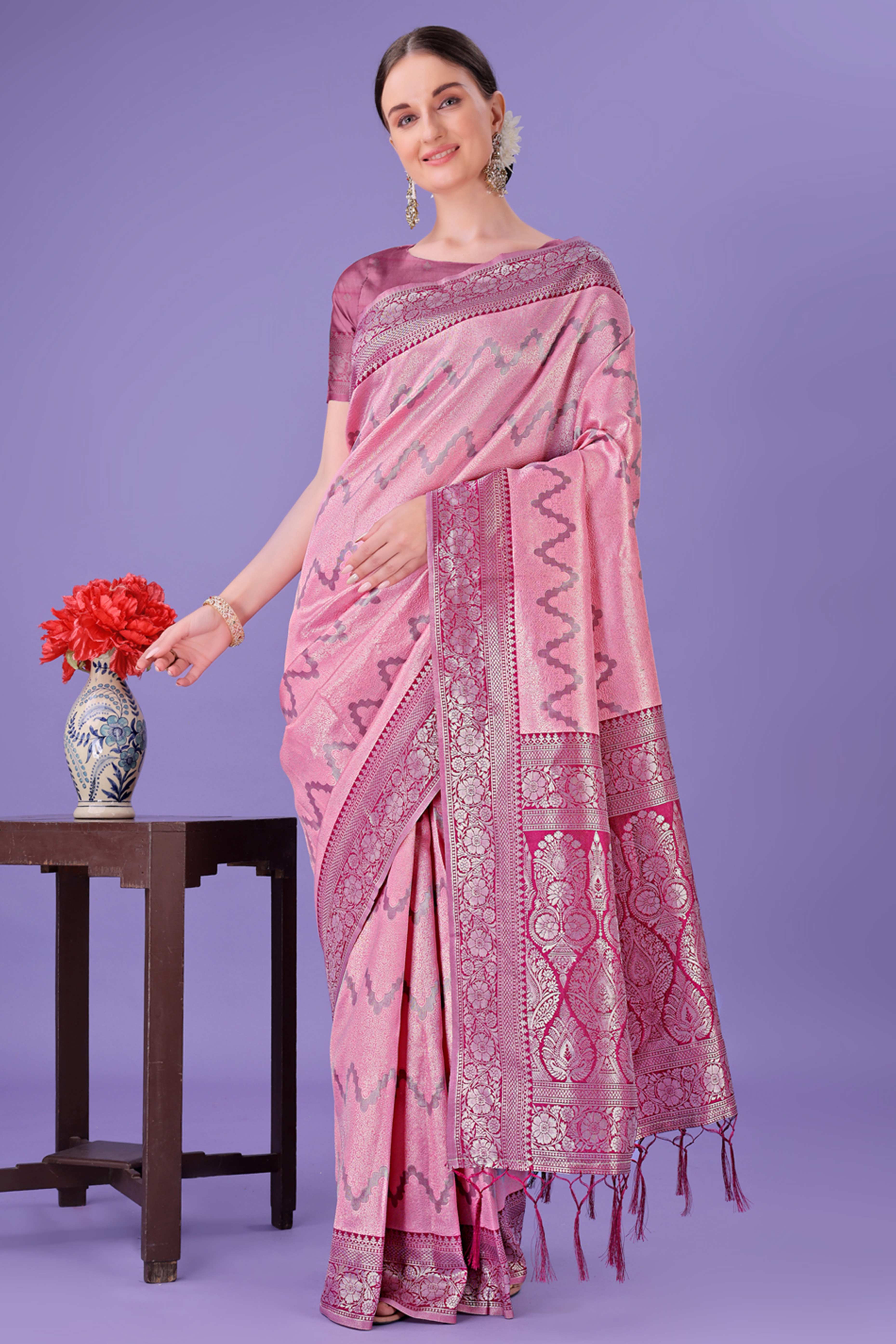 Light Pink Lichi Cotton Silk Saree Adorned With Floral Zari Weave & Tassels