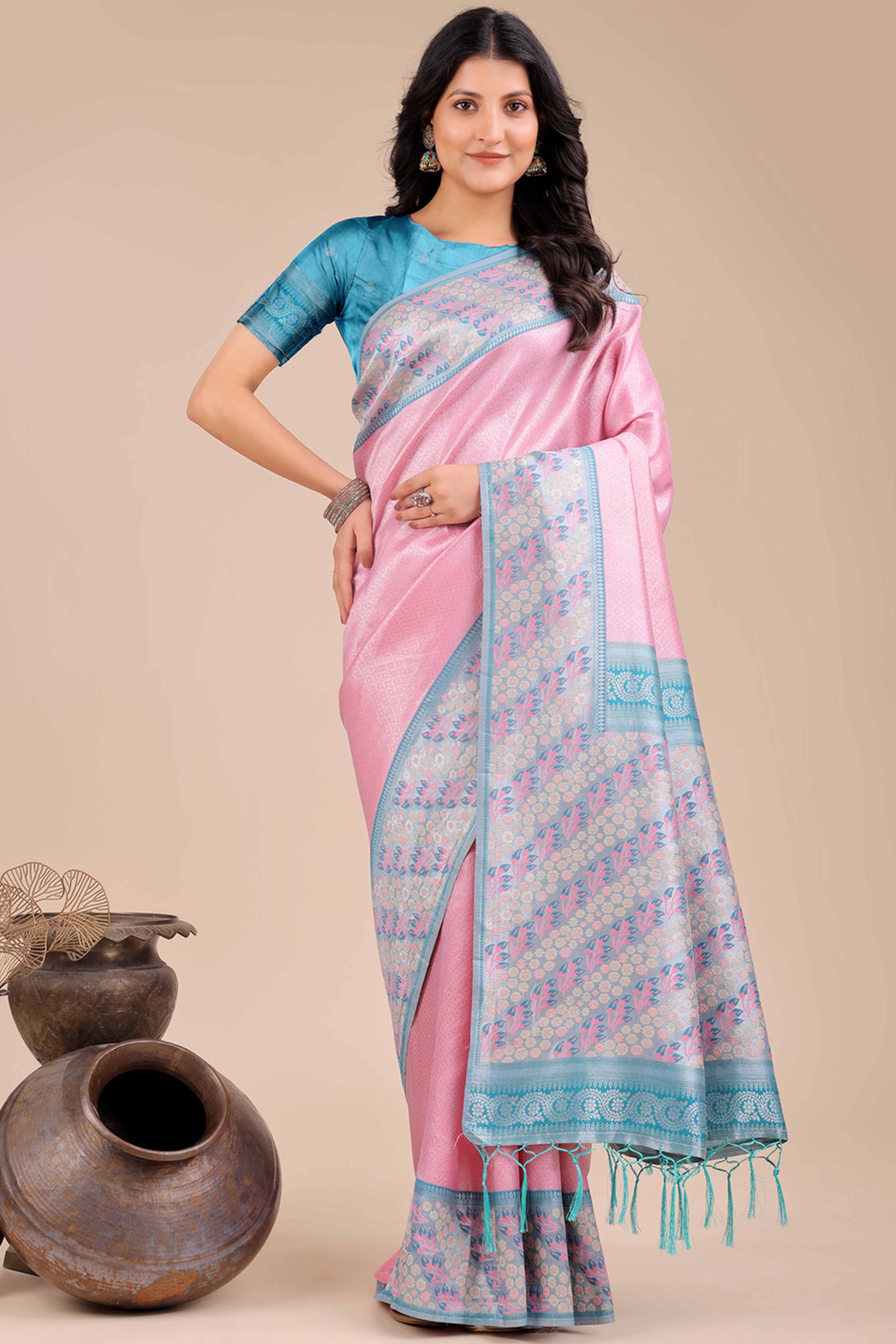 Pink Silk Blend Saree Embellished With Zari Weaving & Tassel Accents