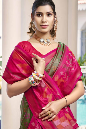 Olive Green Ikat Woven Silk Saree for Festive Celebrations