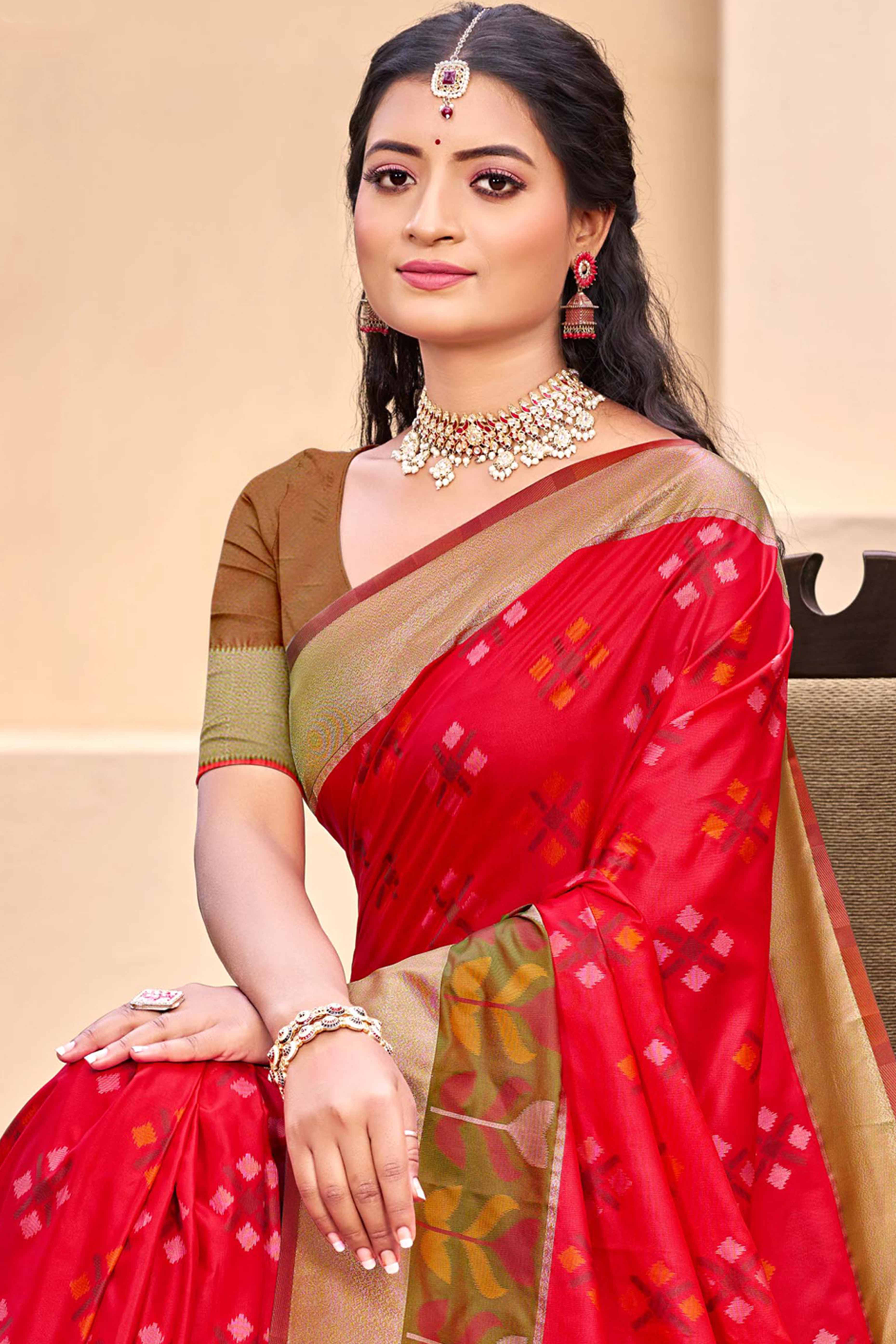 Red Ikat Woven Silk Saree for Festive Celebrations