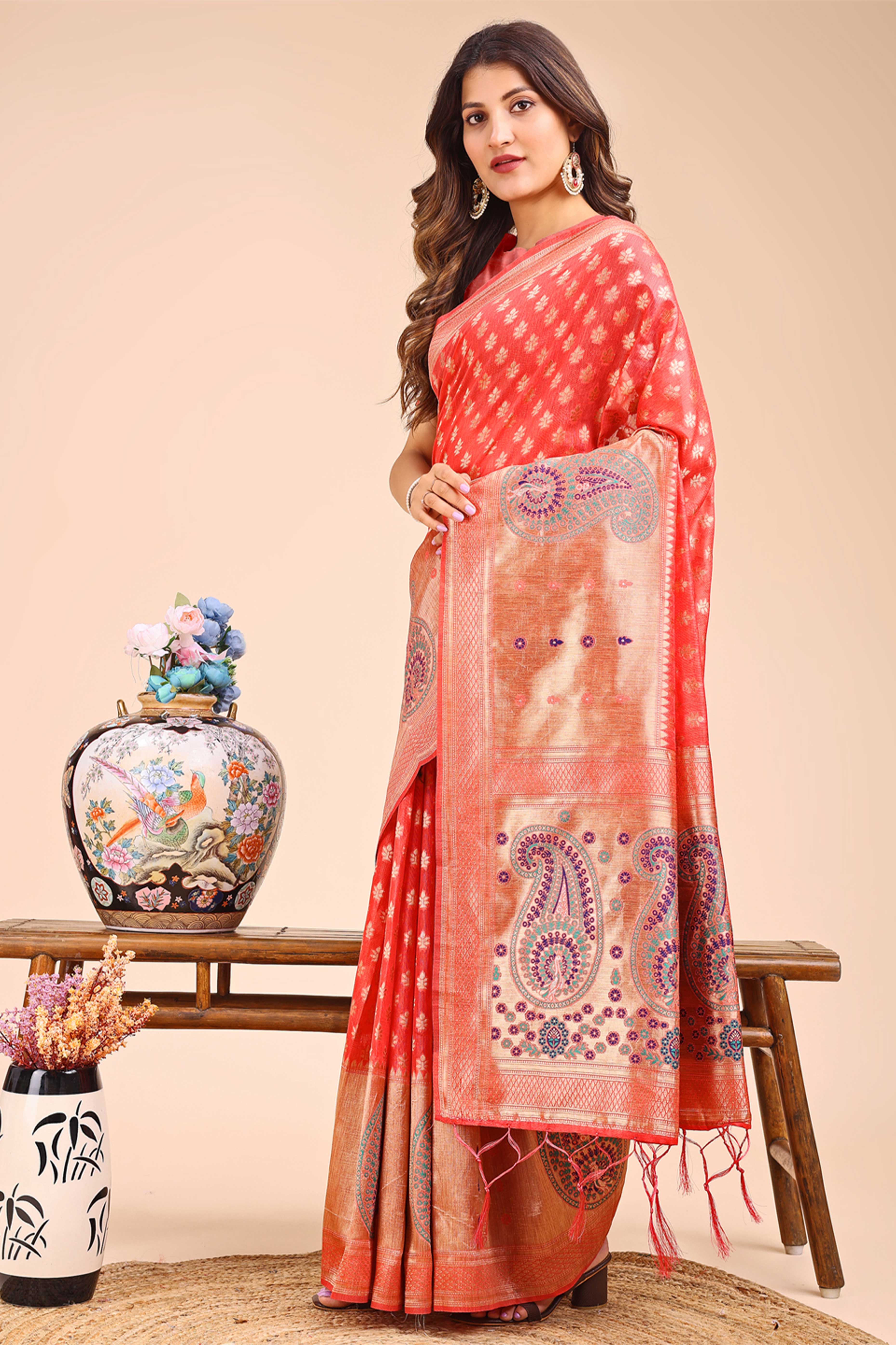 Peach Zari Butti Weaving Linen Cotton Saree