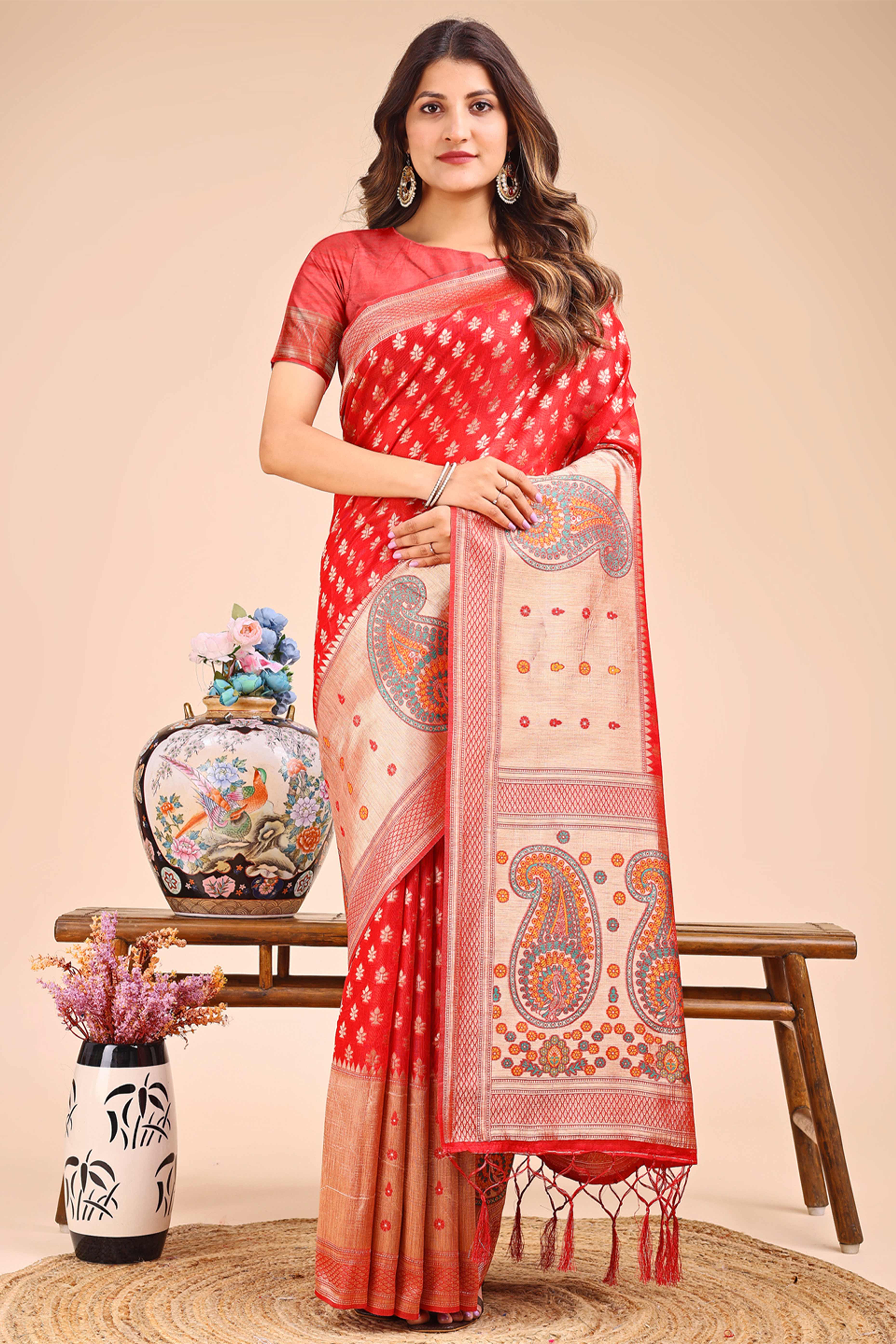 Red Zari Butti Weaving Linen Cotton Saree