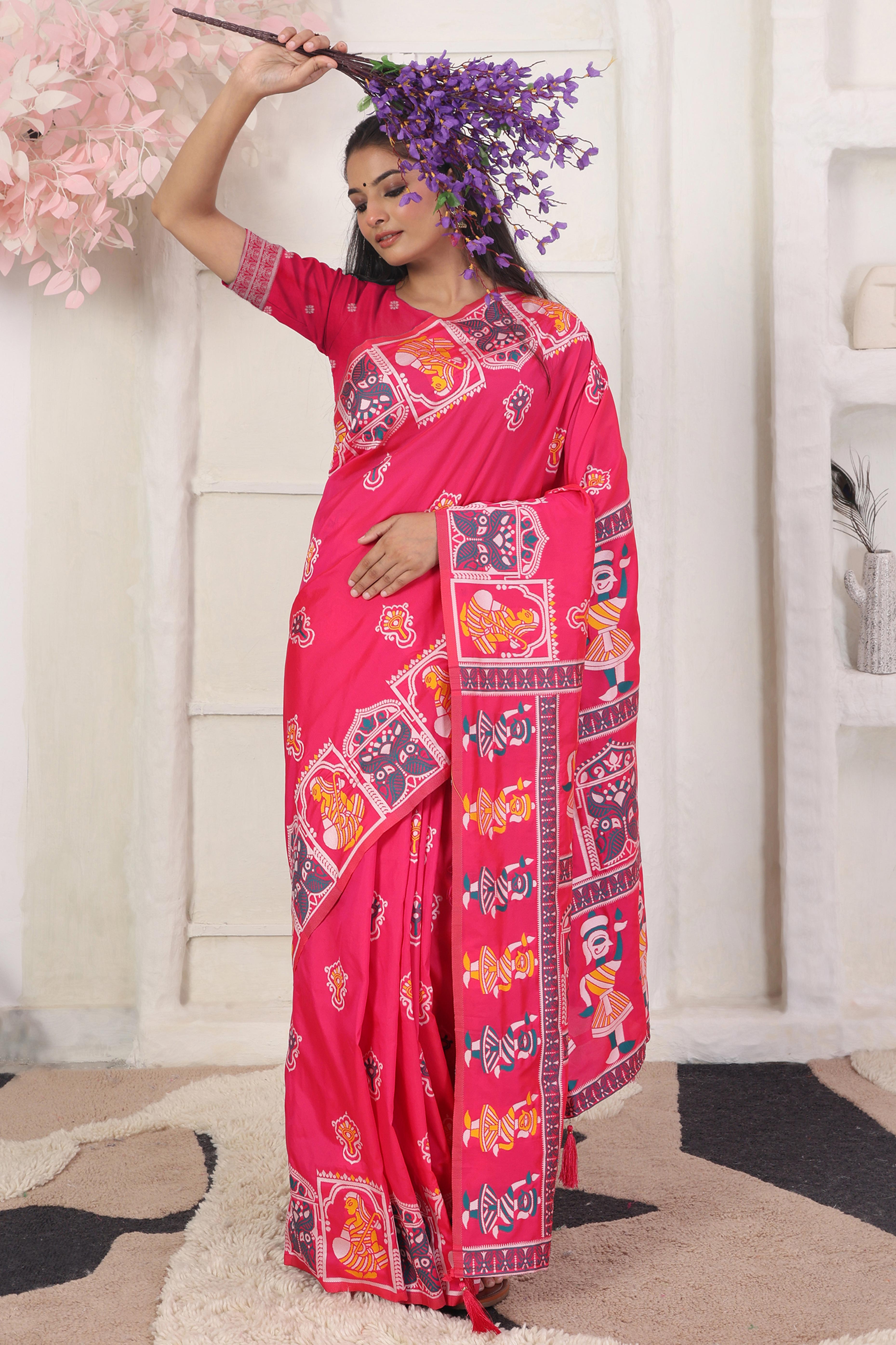 Pink Ethnic Madhubani Print Silk Blend Saree Enhanced With Tassel Pallu Accents