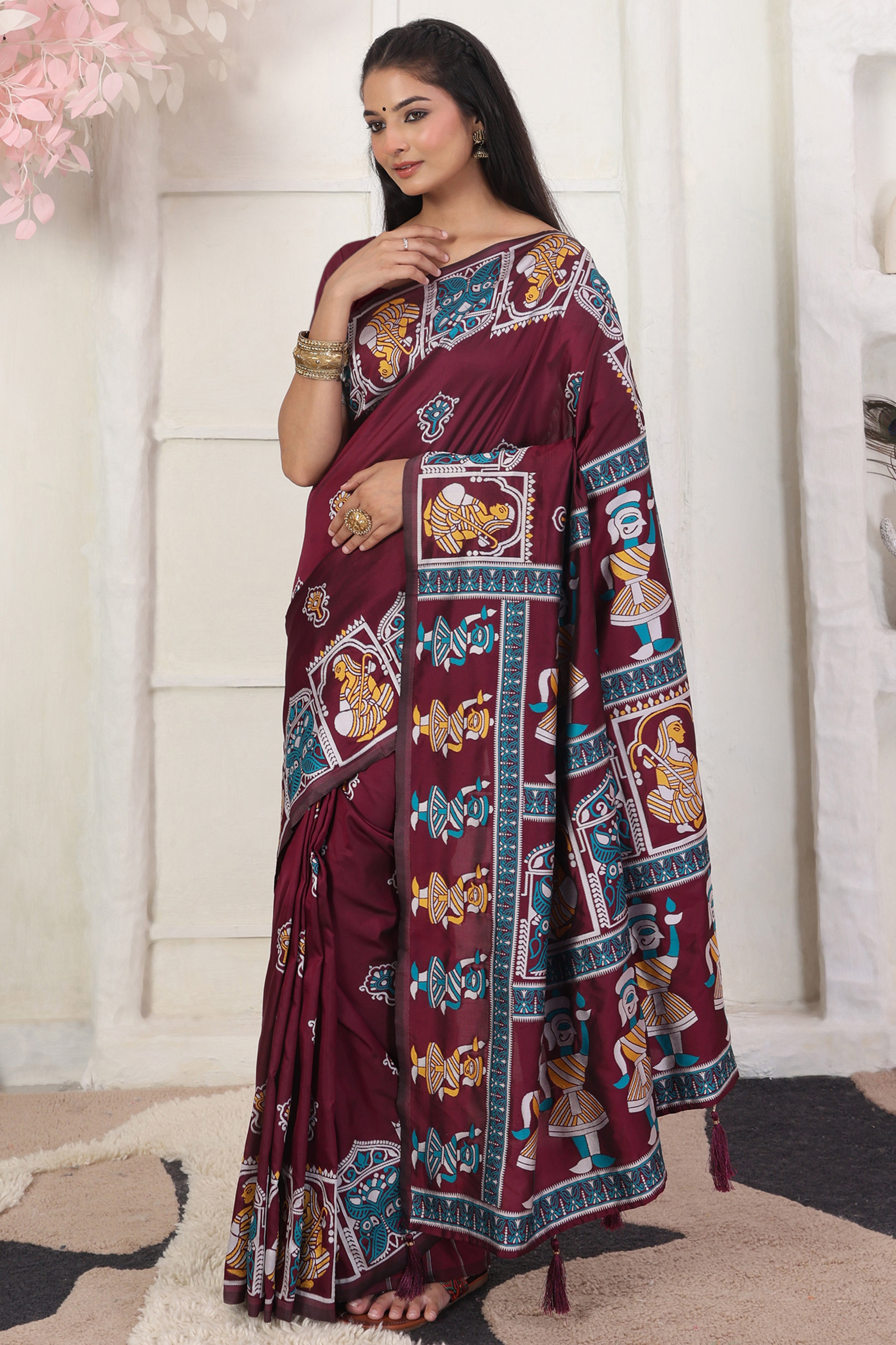 Dark Wine Ethnic Madhubani Print Silk Blend Saree Enhanced With Tassel Pallu Accents
