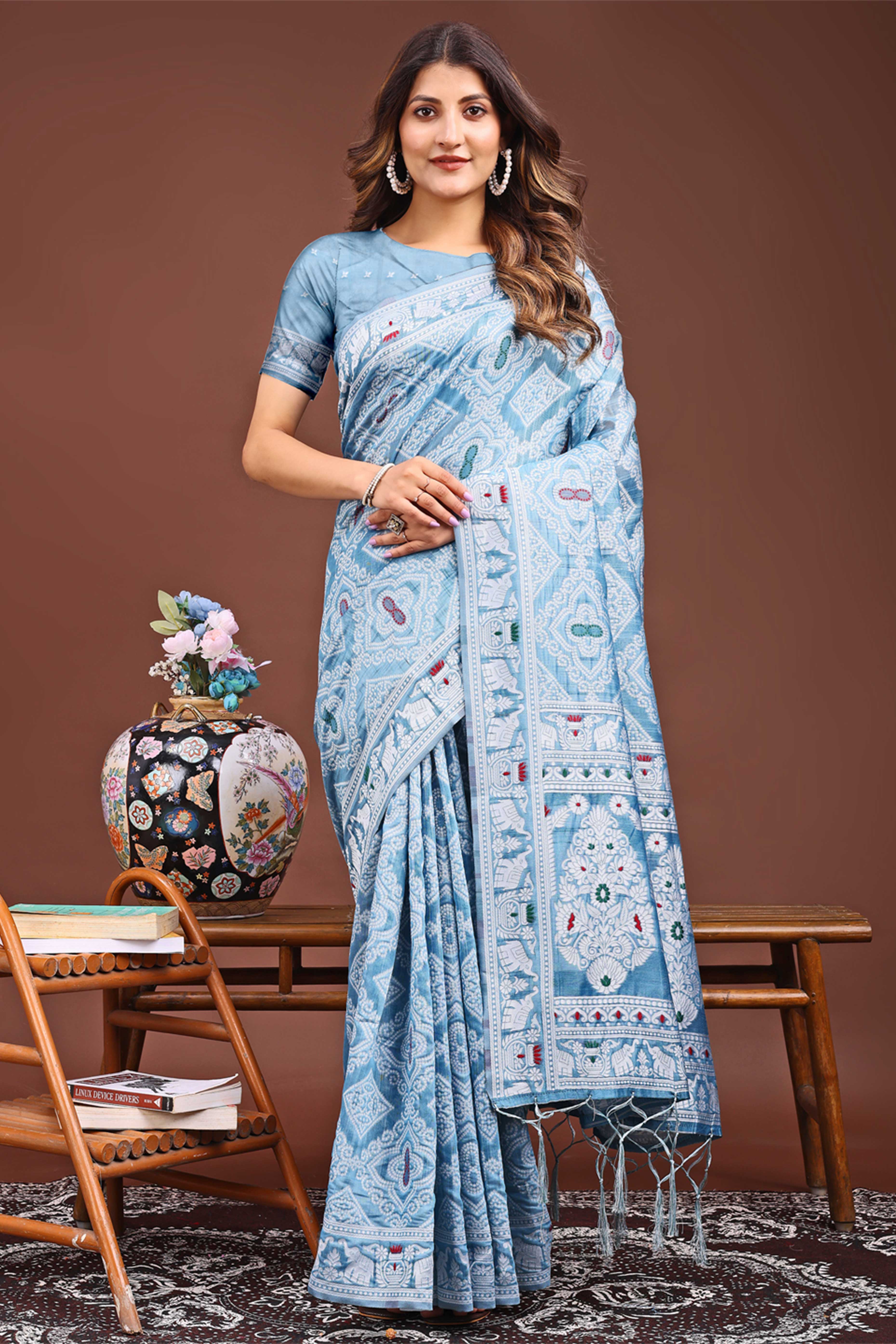 Traditional Bandhani Inspired Woven Sky Blue Saree in Breathable Linen Cotton