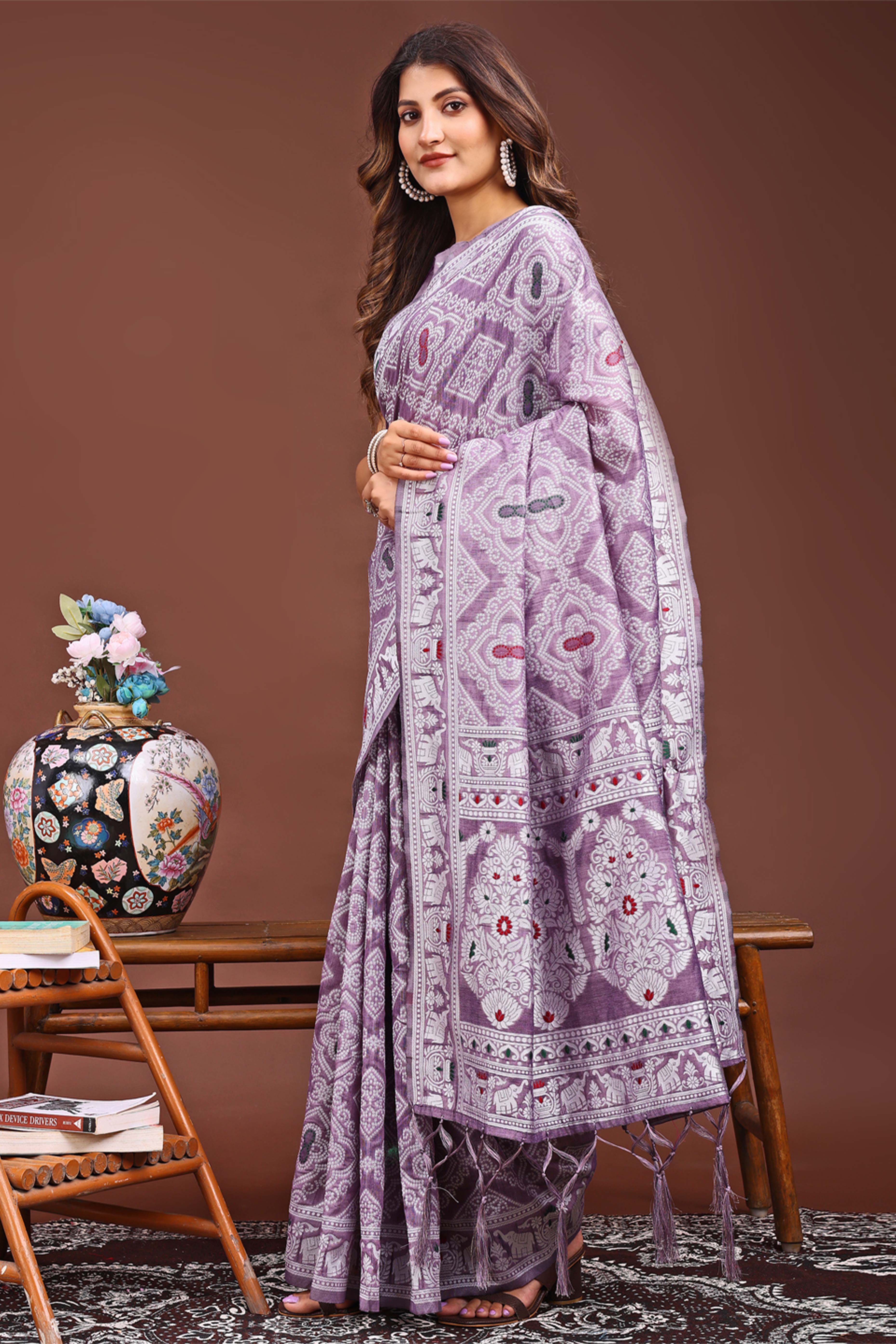 Traditional Bandhani Inspired Woven Purple Saree in Breathable Linen Cotton