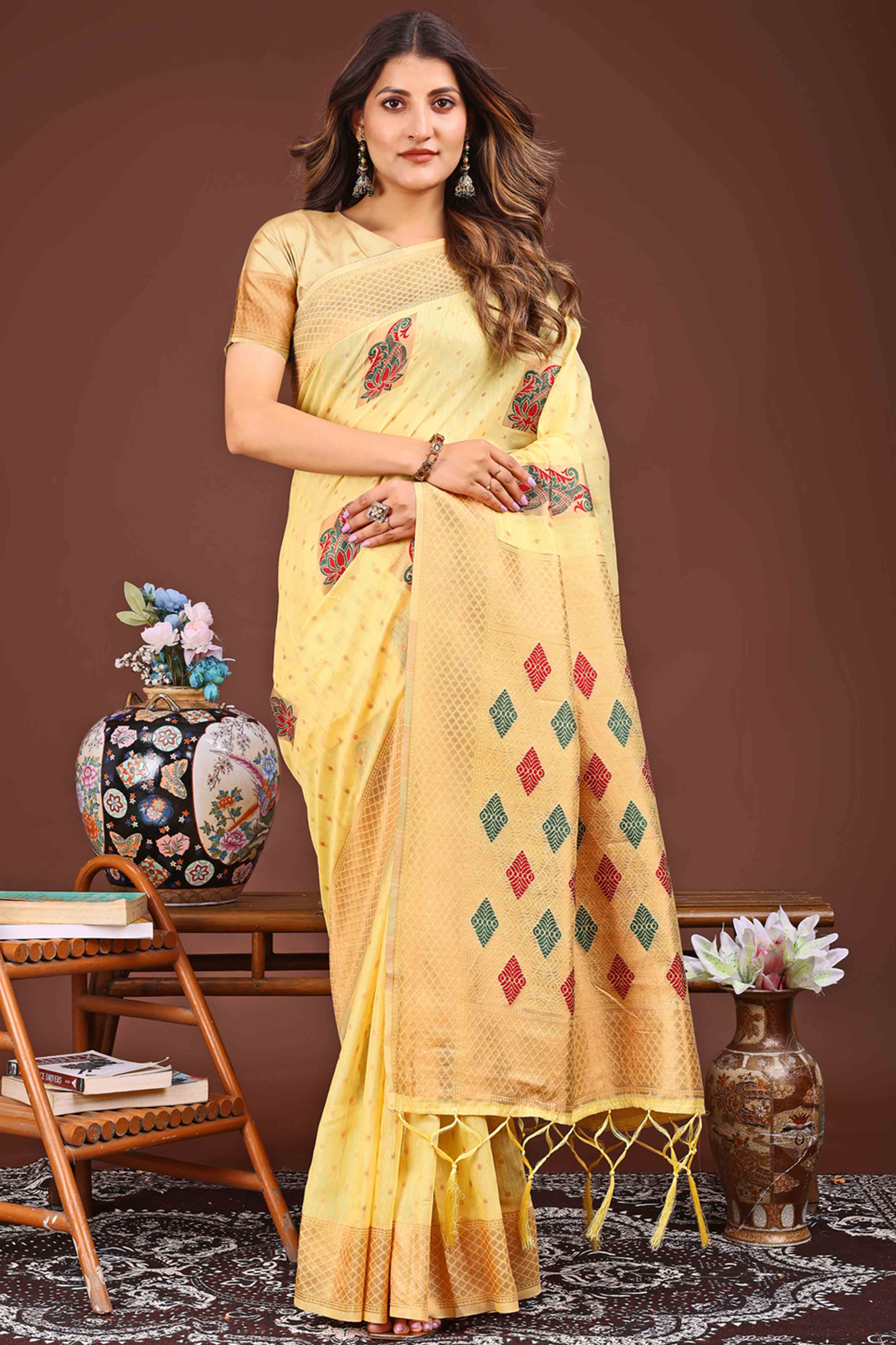 Yellow Floral Zari Weaving Linen Cotton Saree With Tassel Pallu Accent