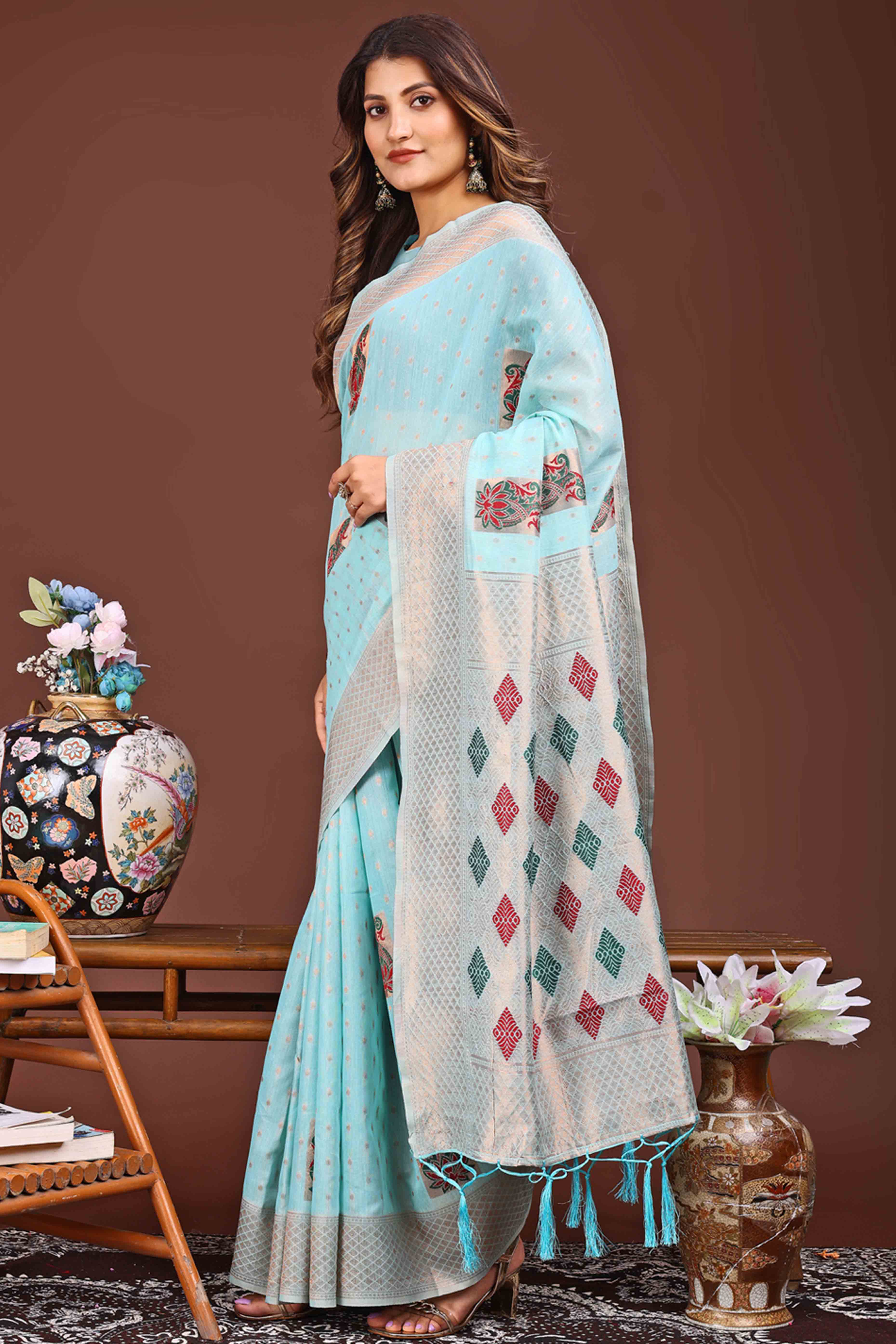 Sky Blue Floral Zari Weaving Linen Cotton Saree With Tassel Pallu Accent