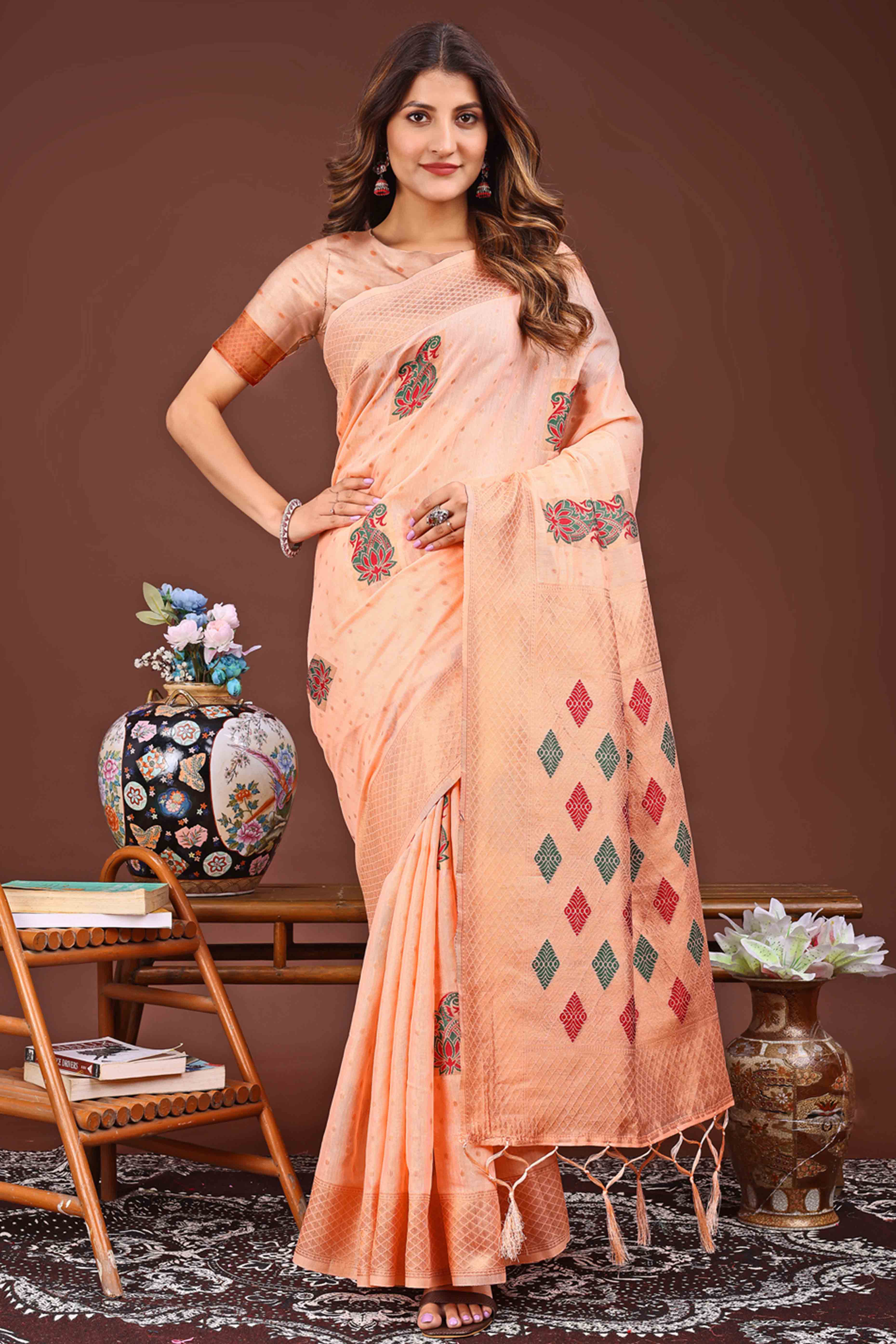 Light Orange Floral Zari Weaving Linen Cotton Saree With Tassel Pallu Accent