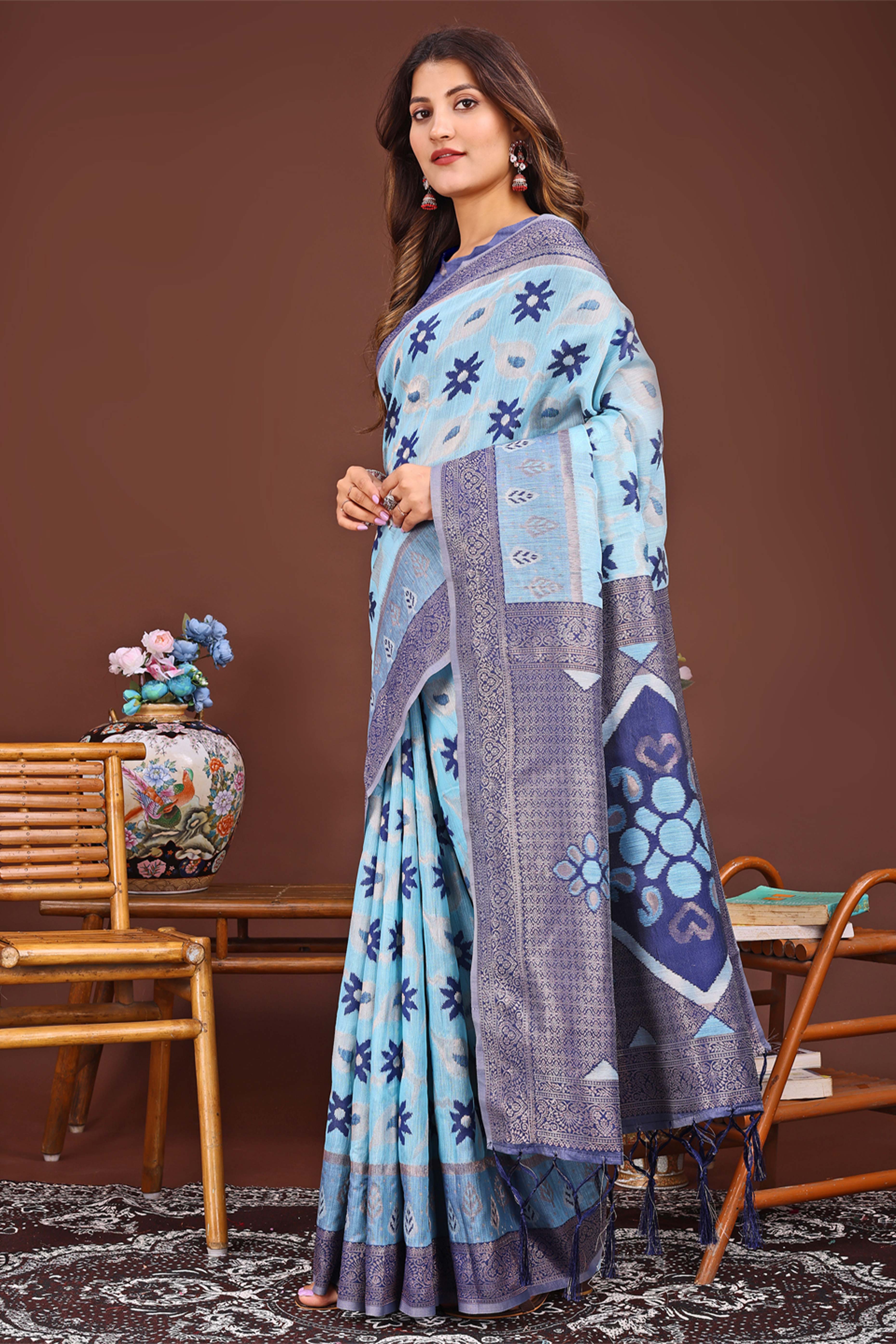 Sky Blue Ethnic Saree in Linen Cotton Fabric with Intricate Floral Pattern Weaving