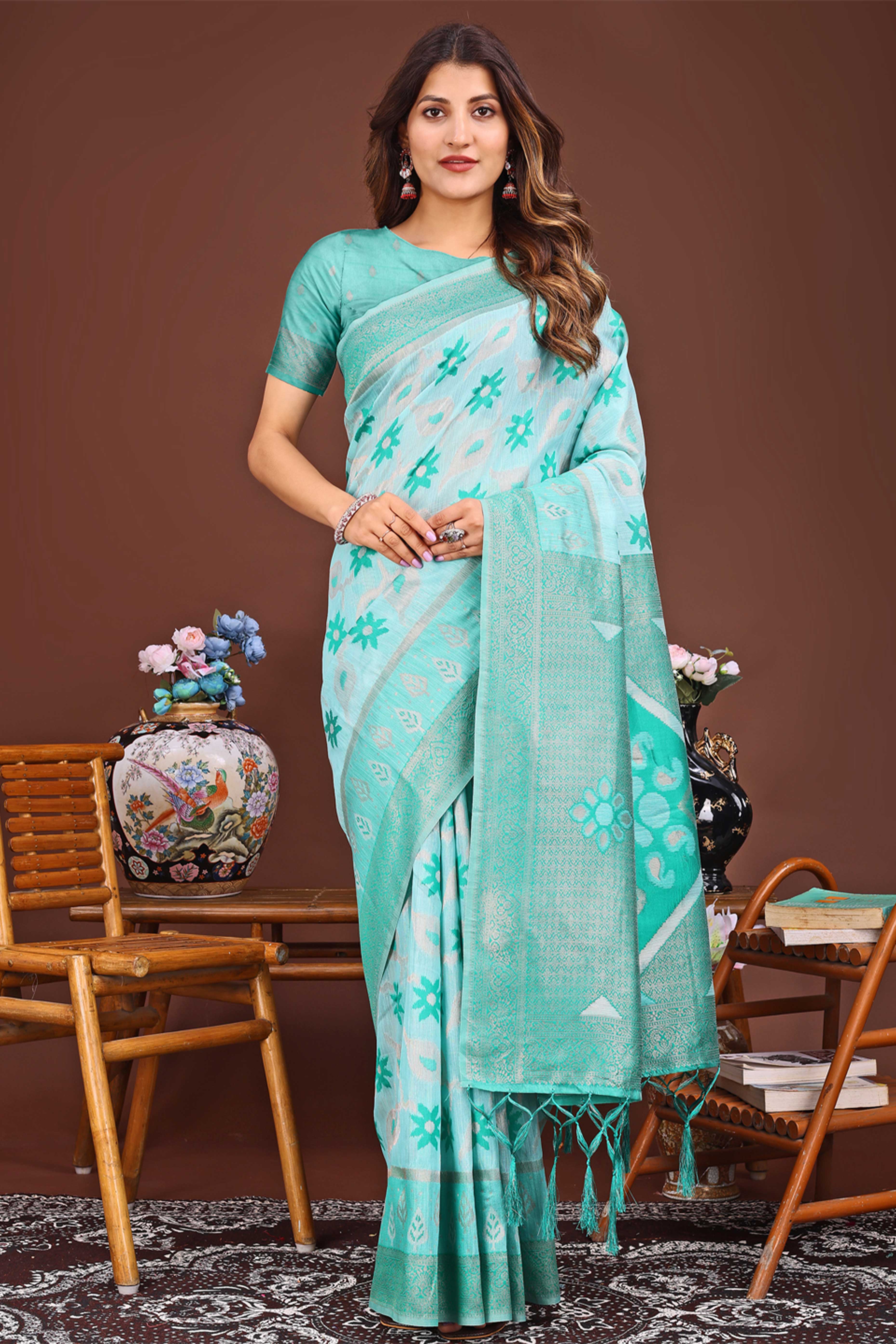 Sea Green Ethnic Saree in Linen Cotton Fabric with Intricate Floral Pattern Weaving