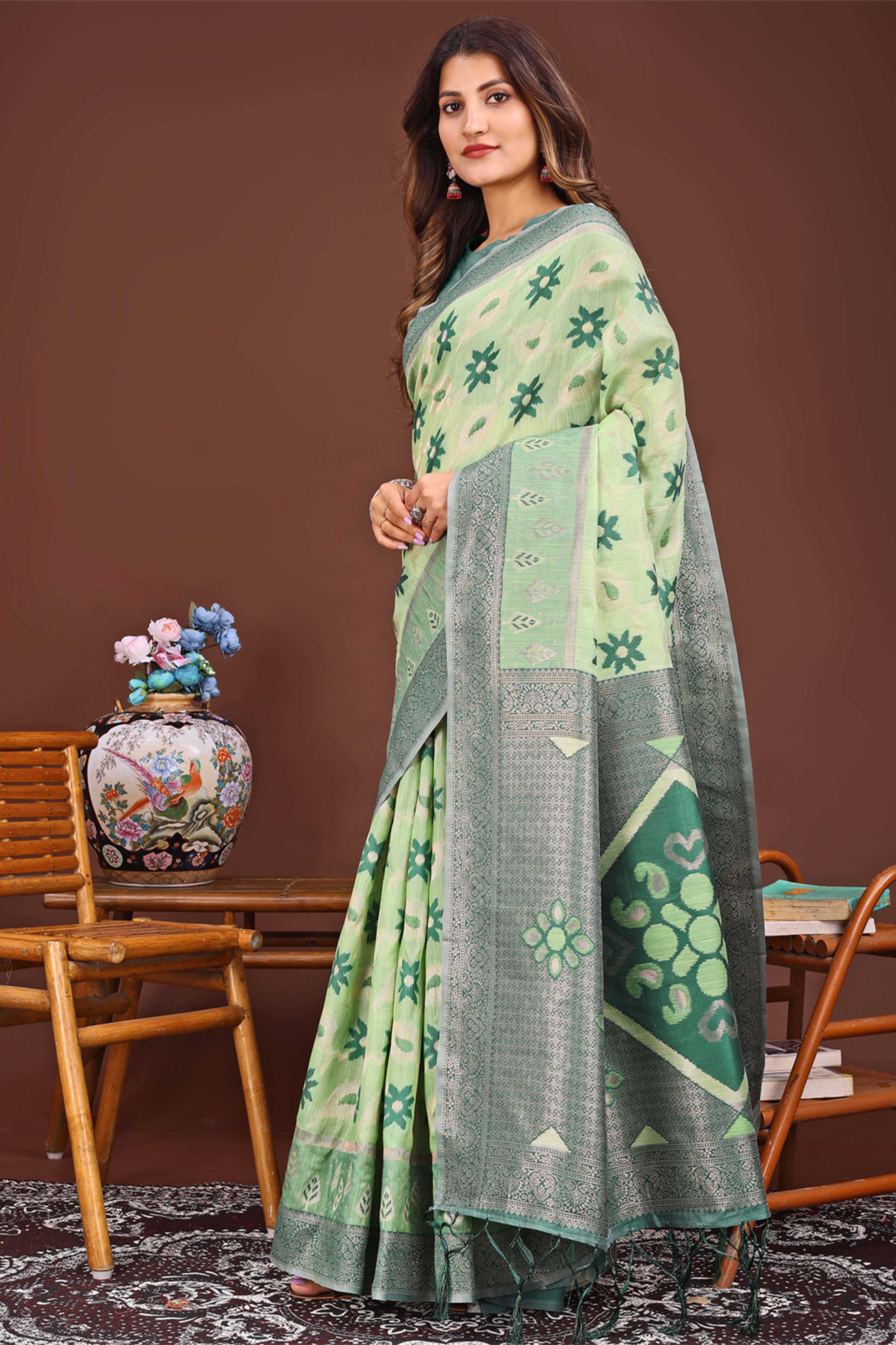 Light Green Ethnic Saree in Linen Cotton Fabric with Intricate Floral Pattern Weaving