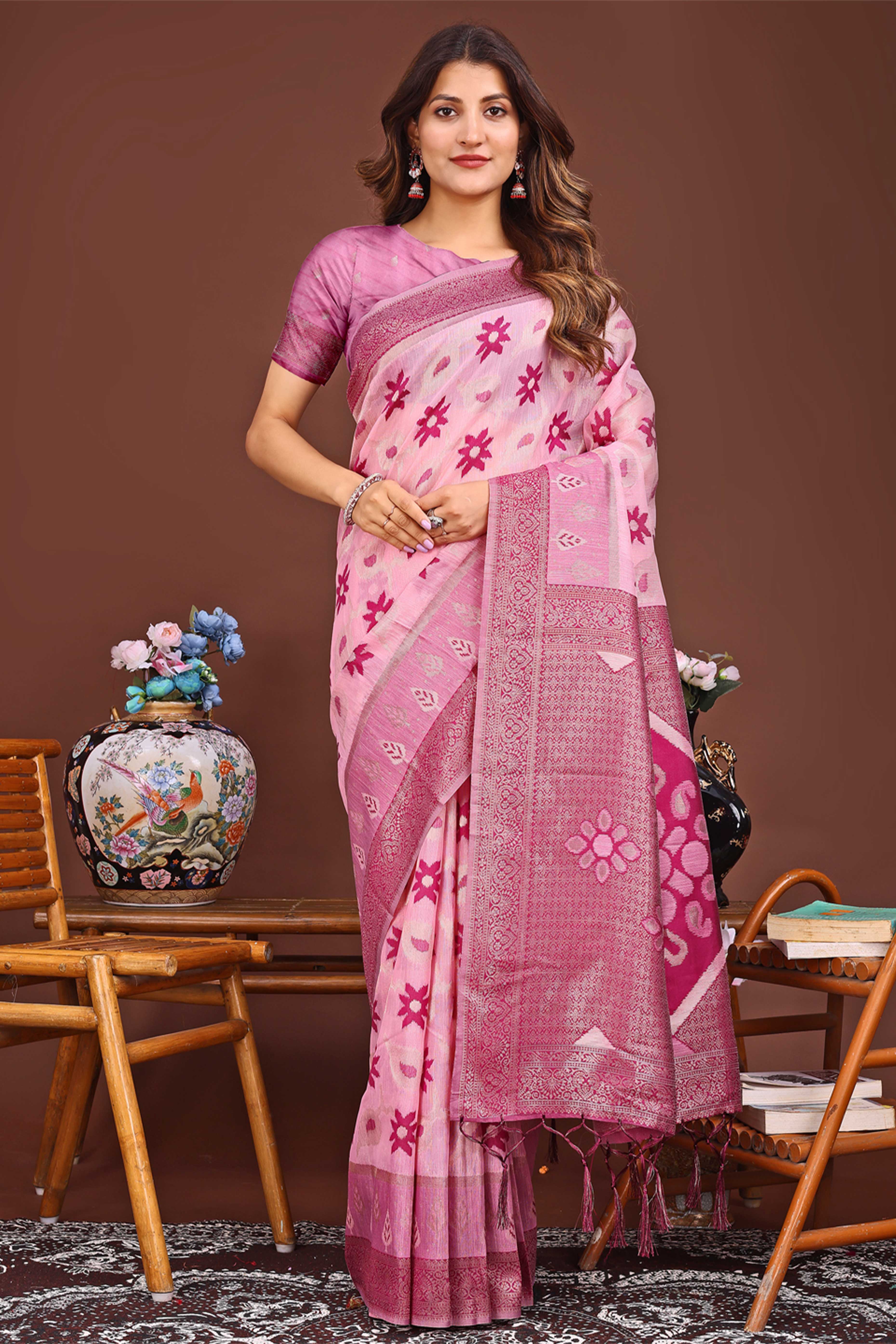 Pink Ethnic Saree in Linen Cotton Fabric with Intricate Floral Pattern Weaving