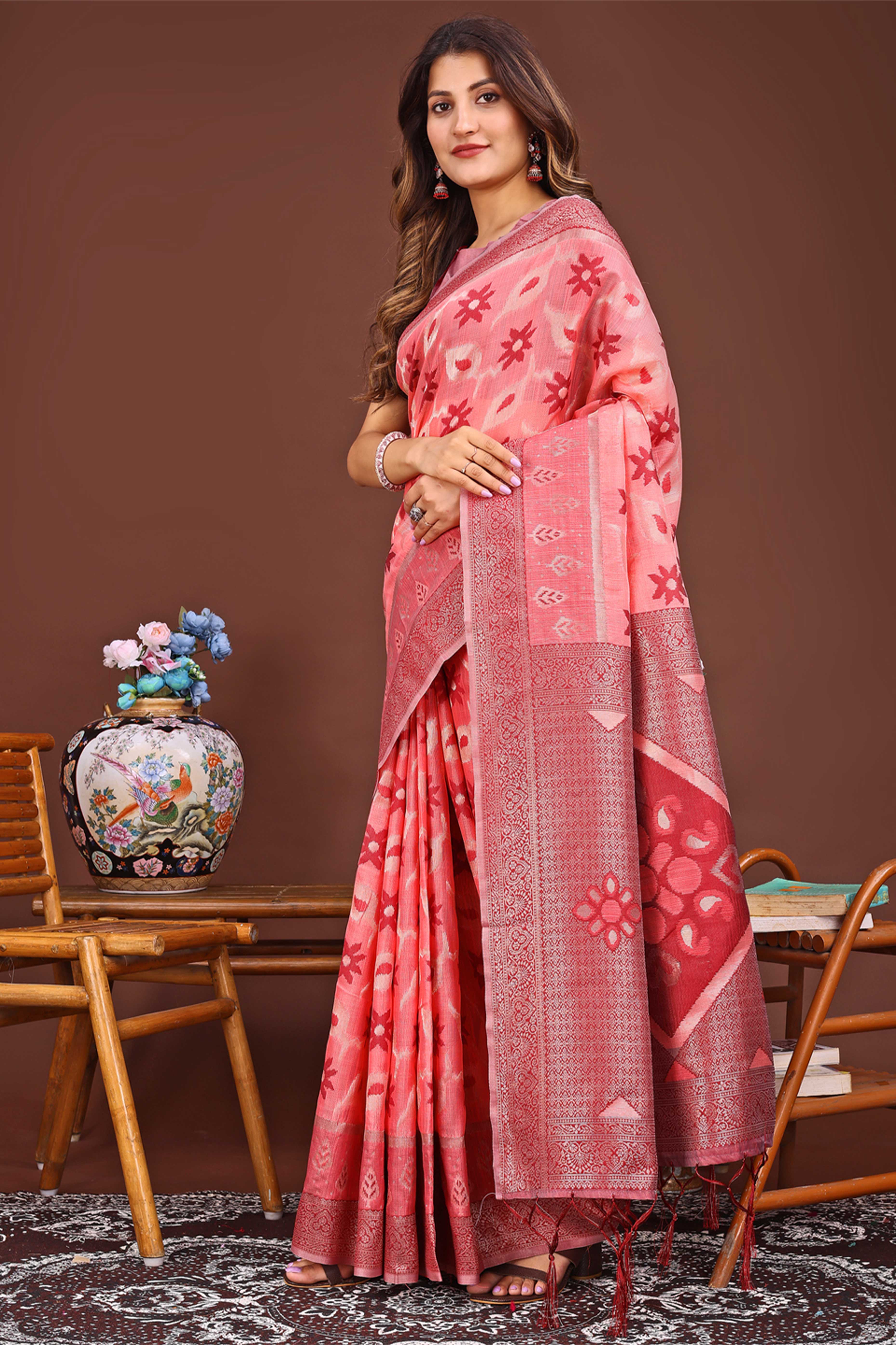 Peach Ethnic Saree in Linen Cotton Fabric with Intricate Floral Pattern Weaving