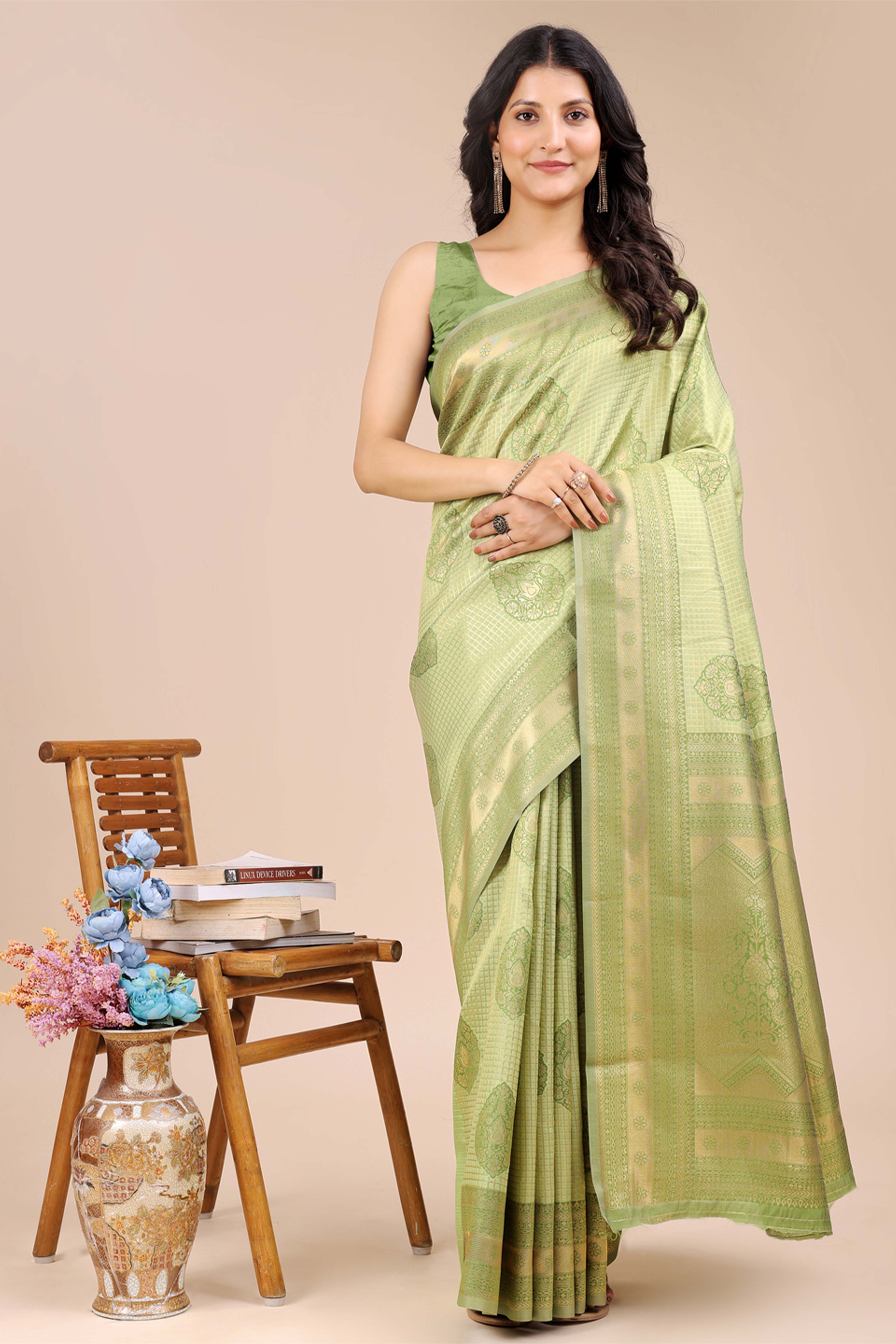 Light Green Saree in Pure Banarasi Silk with Intricate Zari Borders and Motifs
