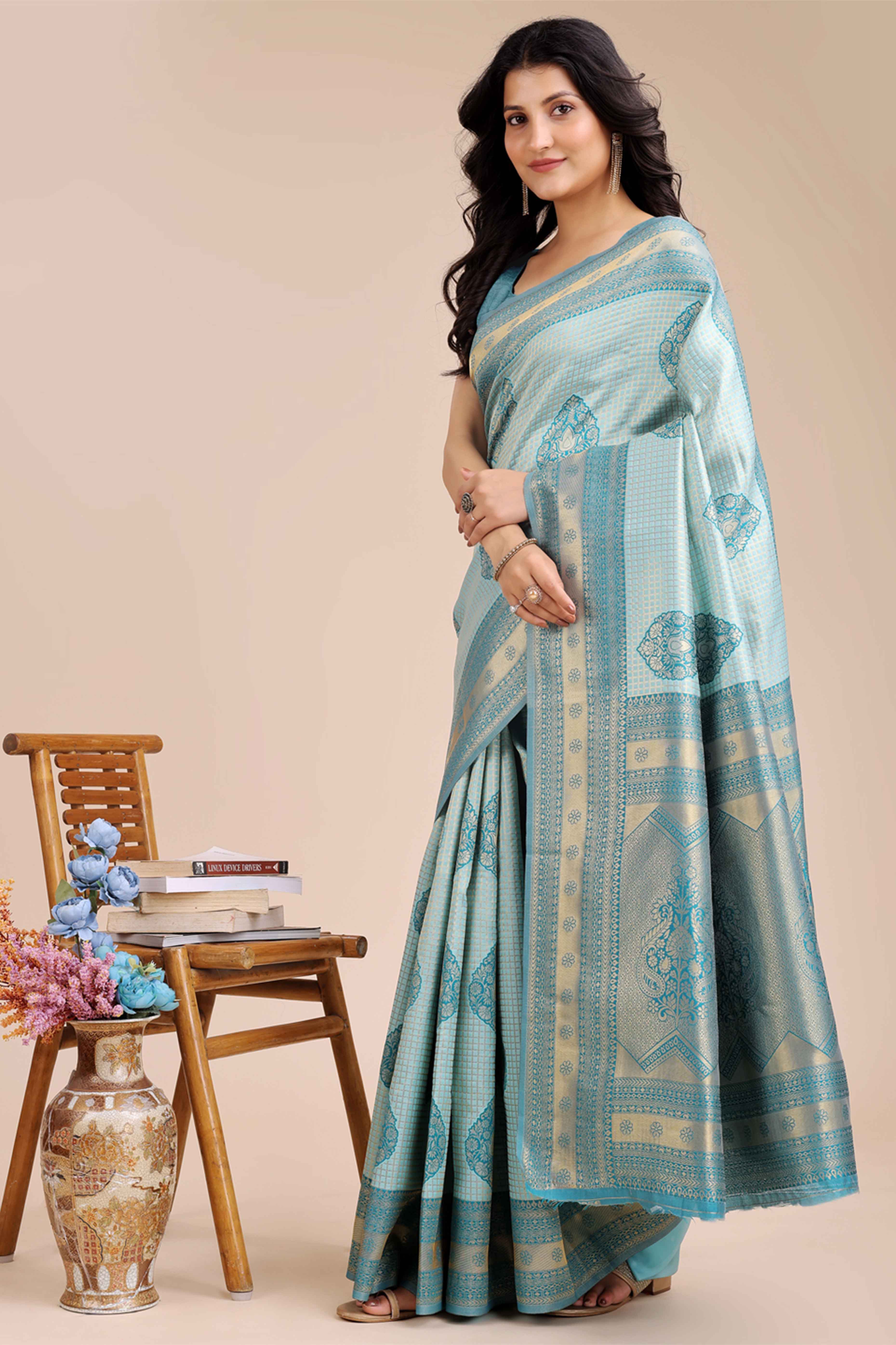 Sea Green Saree in Pure Banarasi Silk with Intricate Zari Borders and Motifs