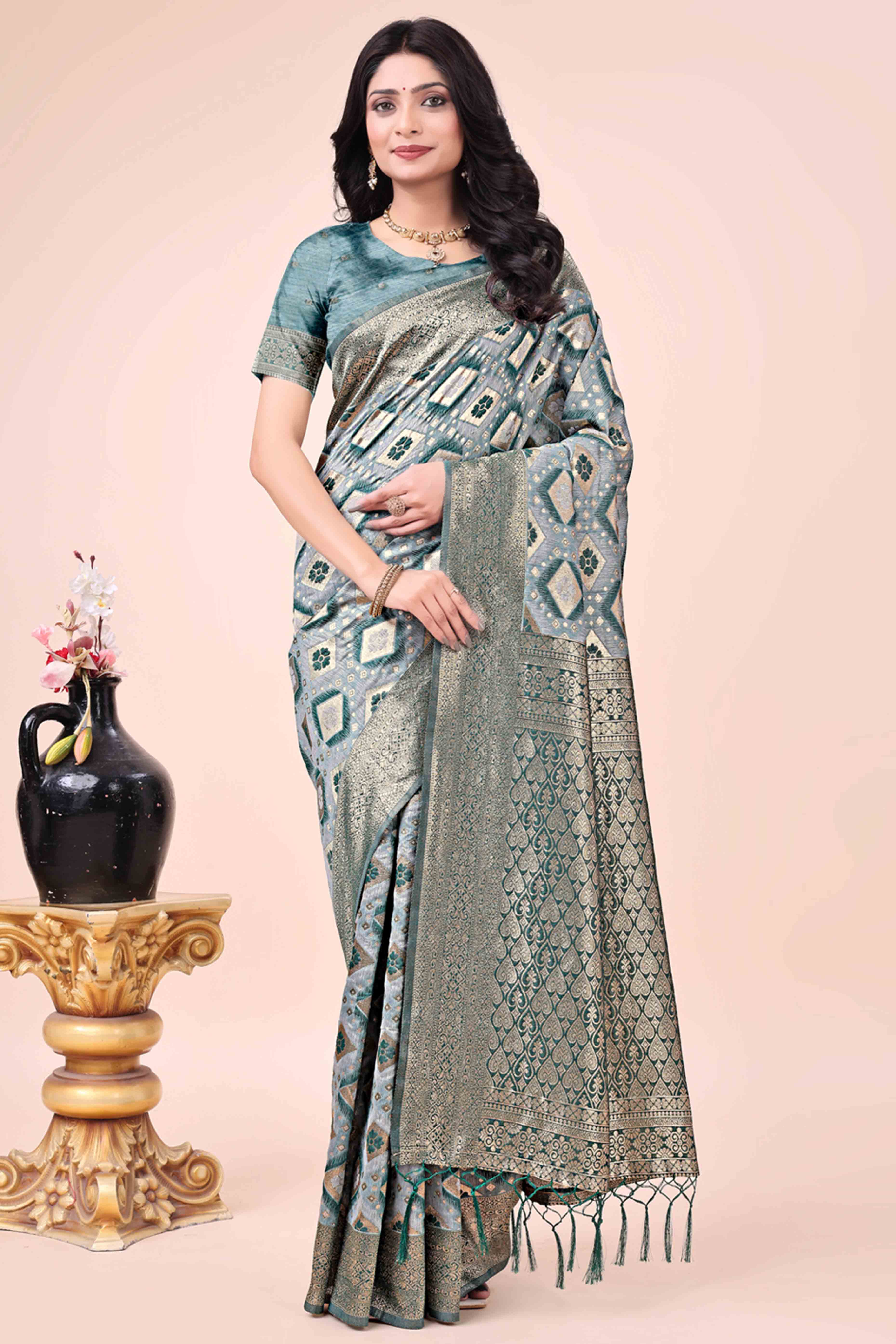 Floral Weaving On Green Cotton Blend Saree With Tassels