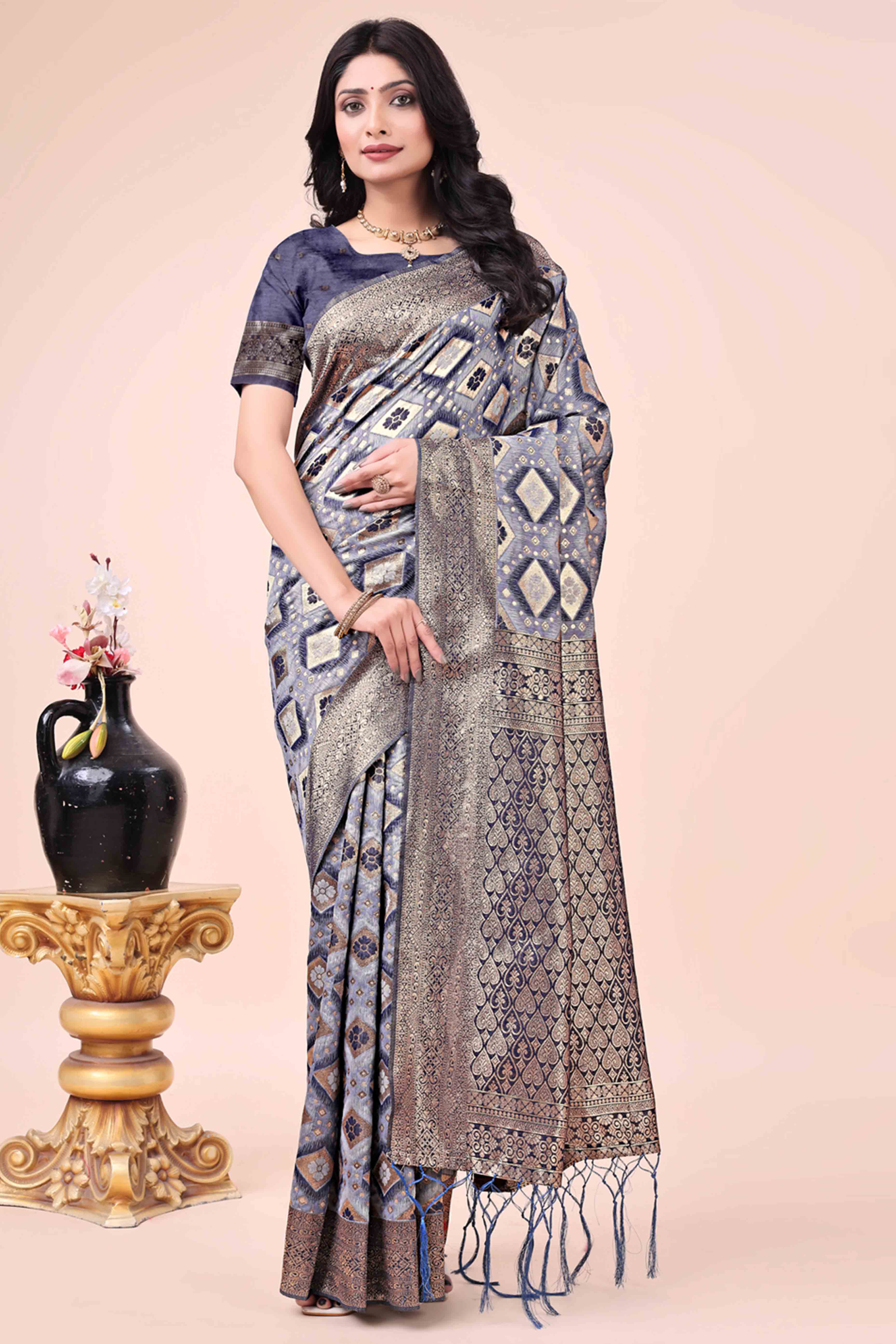 Floral Weaving On Navy Blue Cotton Blend Saree With Tassels