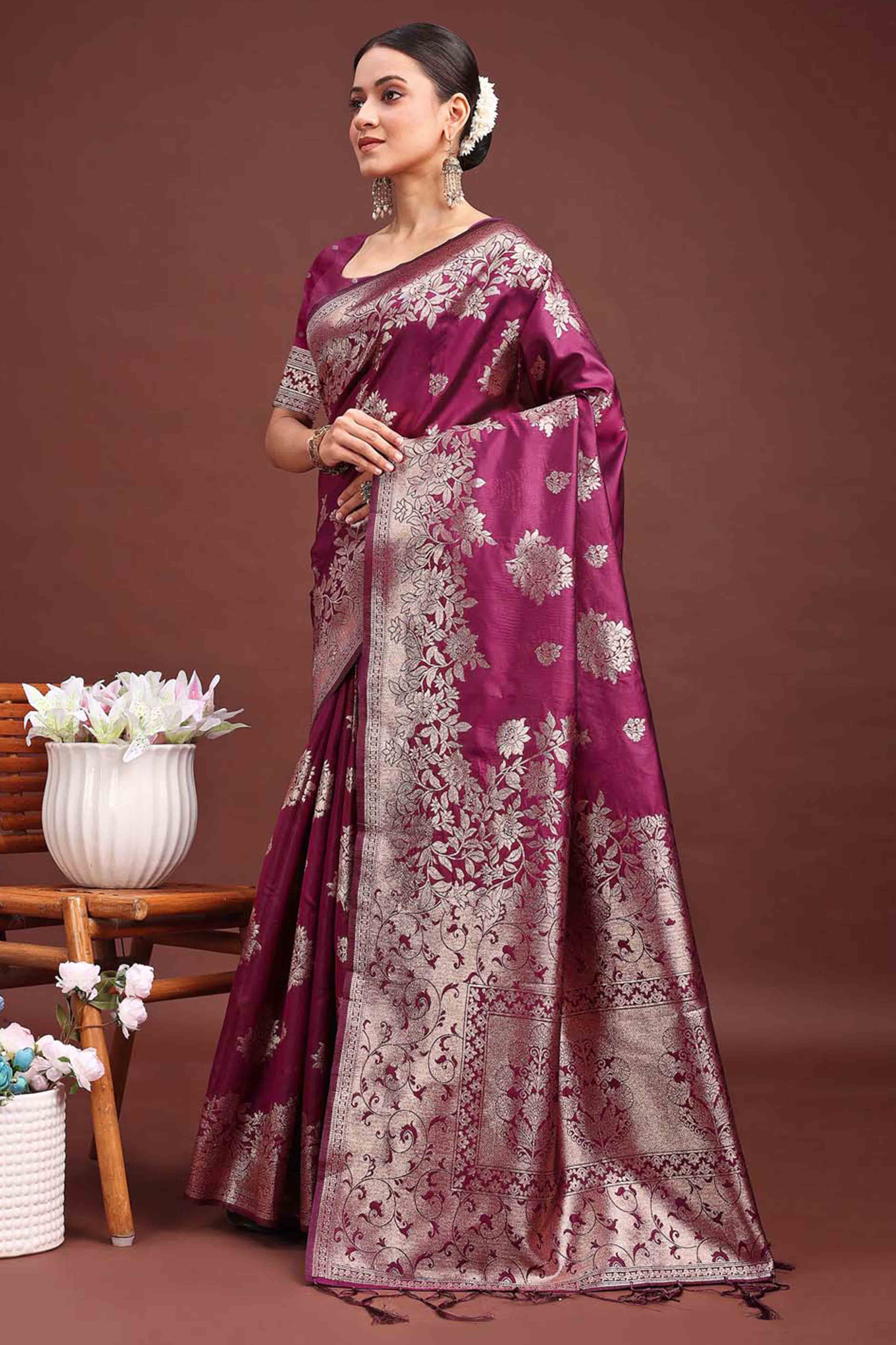 Wine Banarasi Silk Saree With Floral Zari Weaving & Elegant Tassels