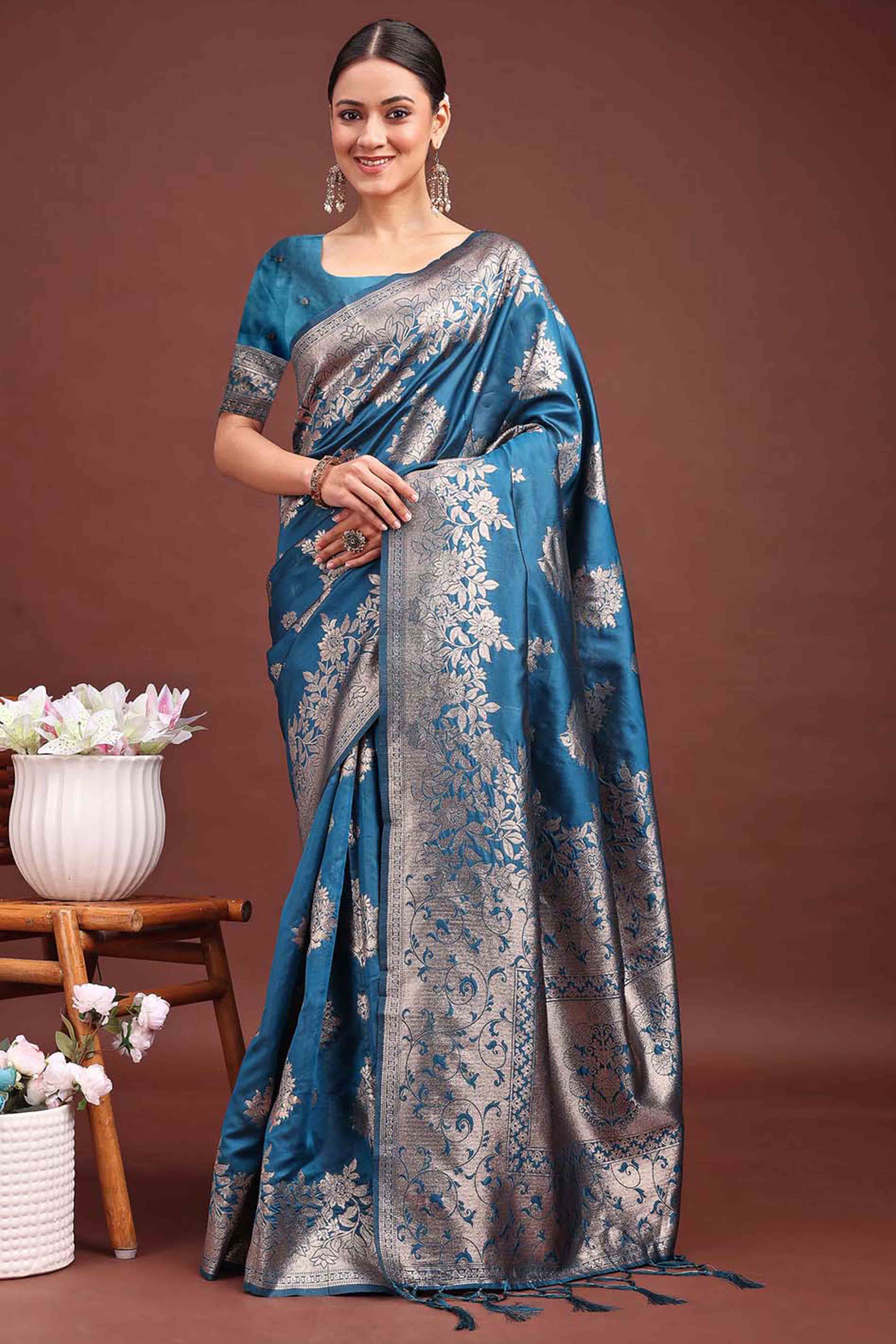 Deep Teal Blue Banarasi Silk Saree With Floral Zari Weaving & Elegant Tassels