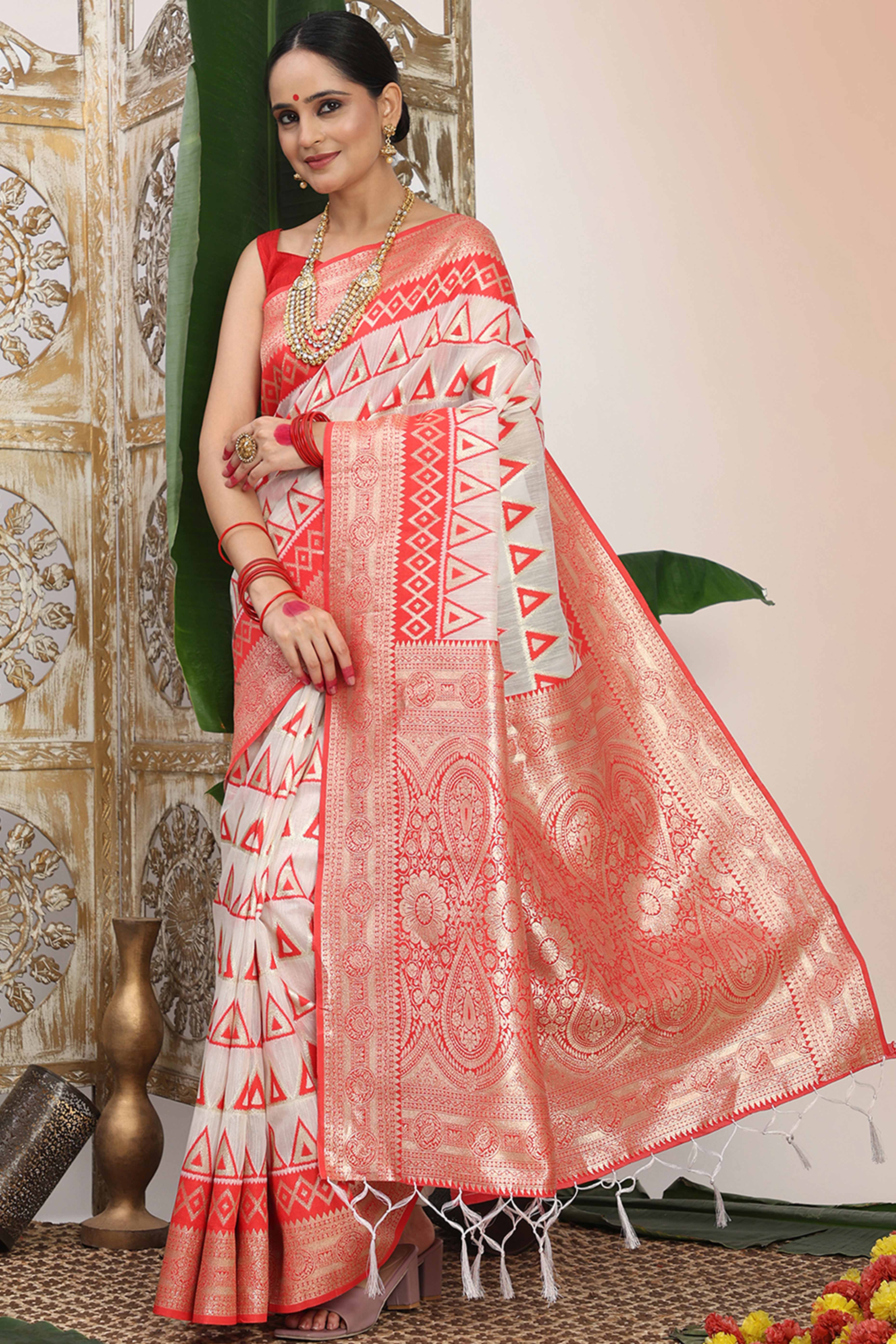 Traditional White & Red Linen Cotton Saree With Intricate Zari Weaving Work And Tassel Pallu