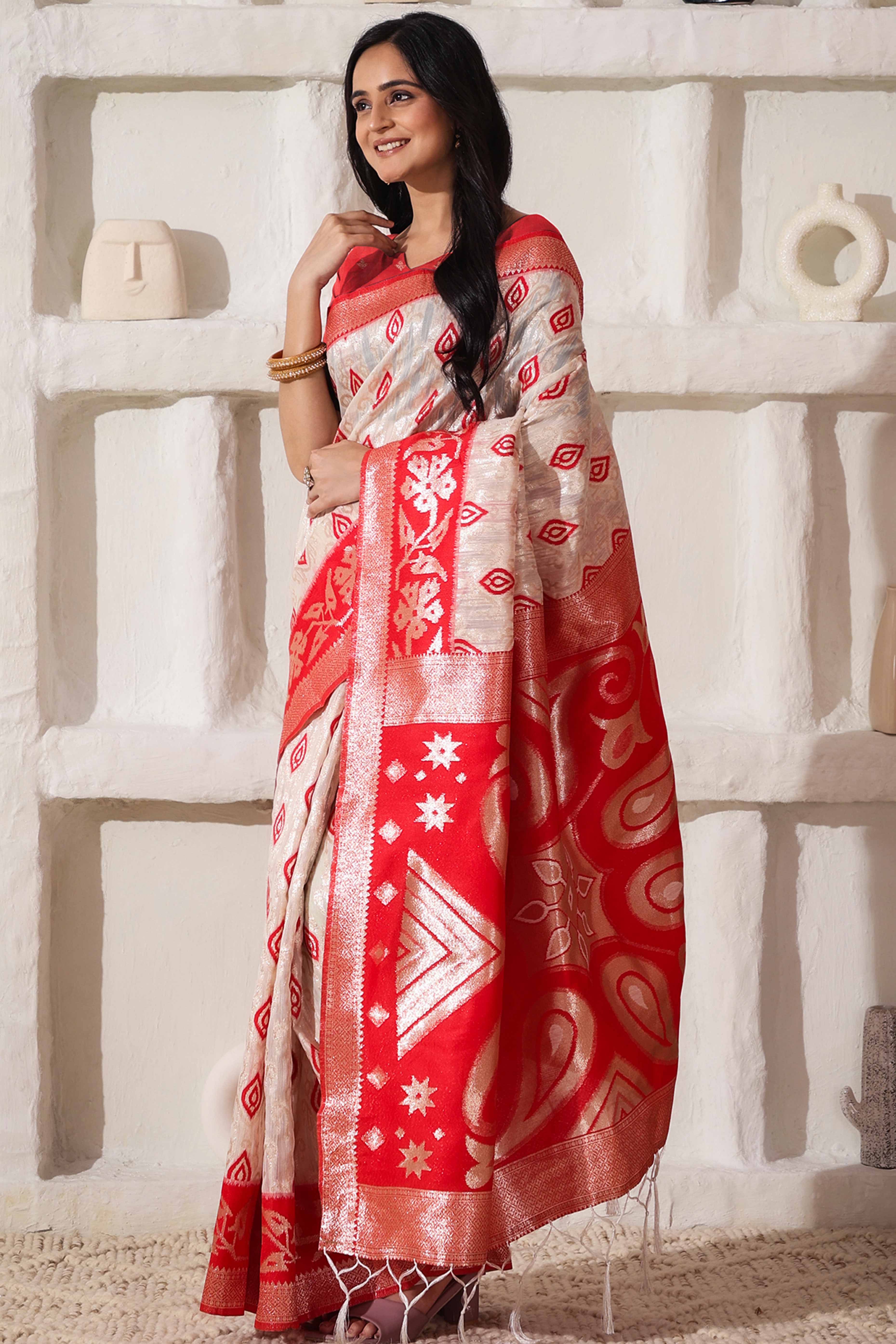 Classic White & Red Saree In Linen Cotton With Rich Zari Weaving And Tassel Accents