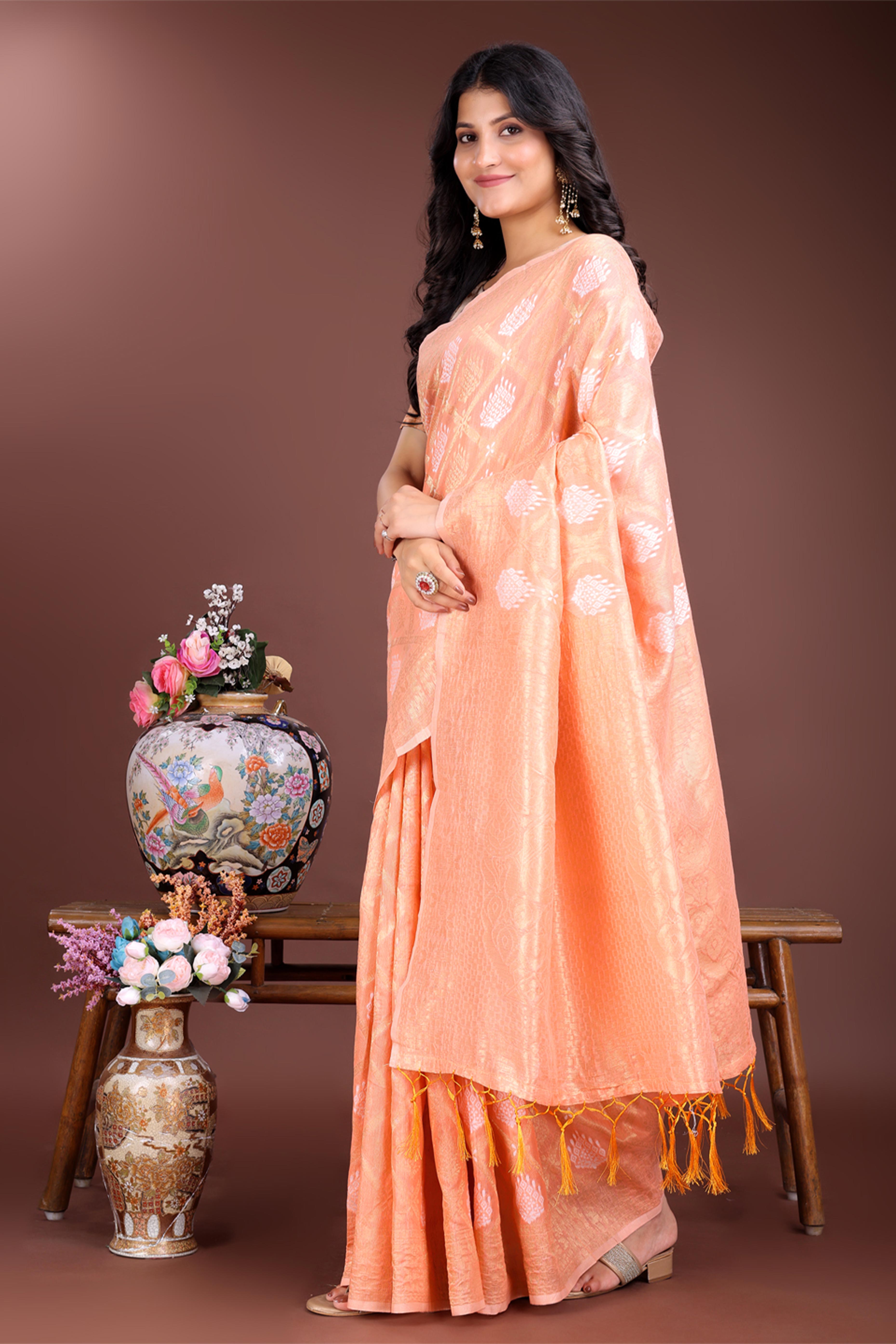 Orange Zari Woven Linen Cotton Saree with Graceful Tassels