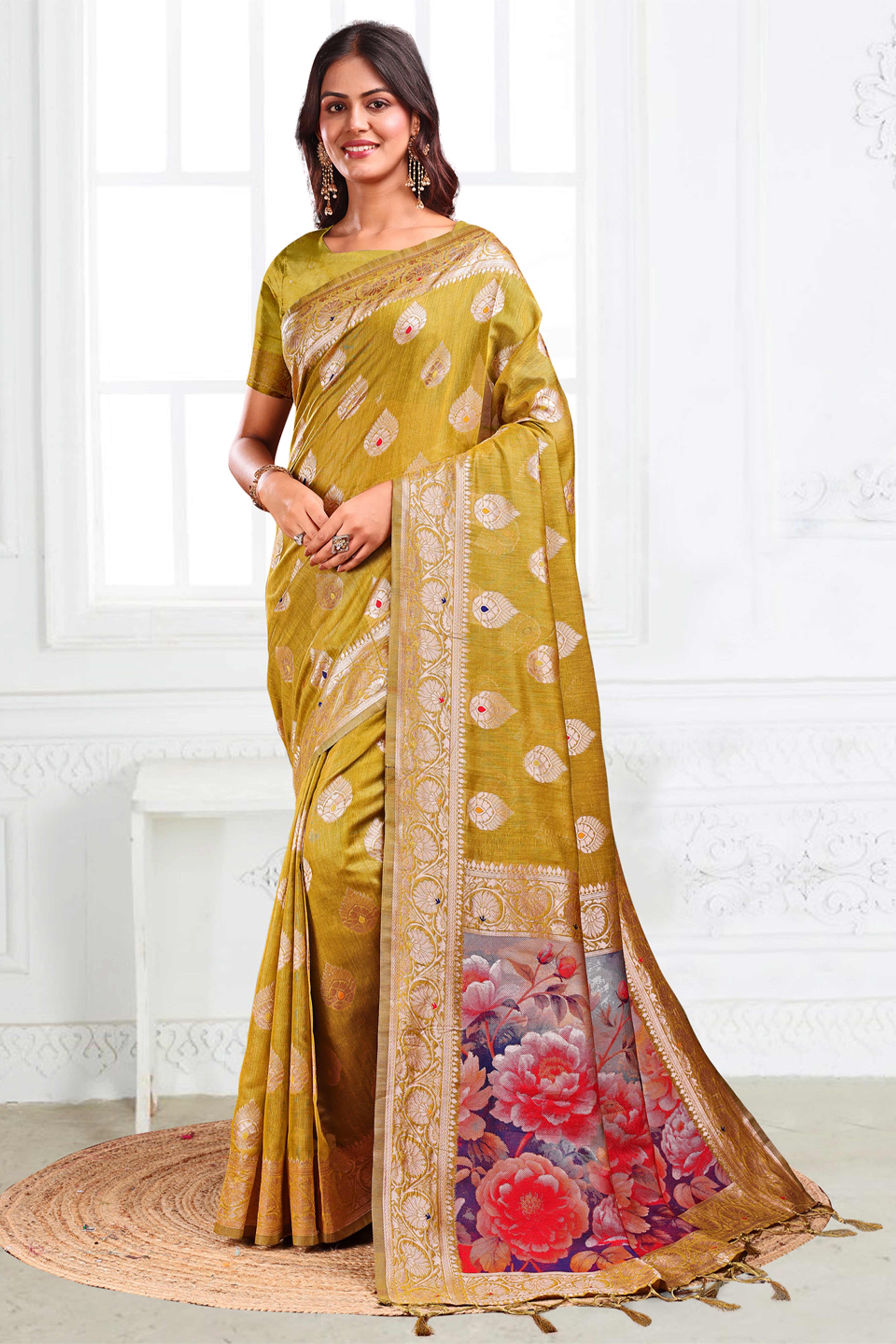 Mehendi Green Linen Cotton Silk Saree Adorned With Intricate Floral Zari Weaving & Tassel Pallu