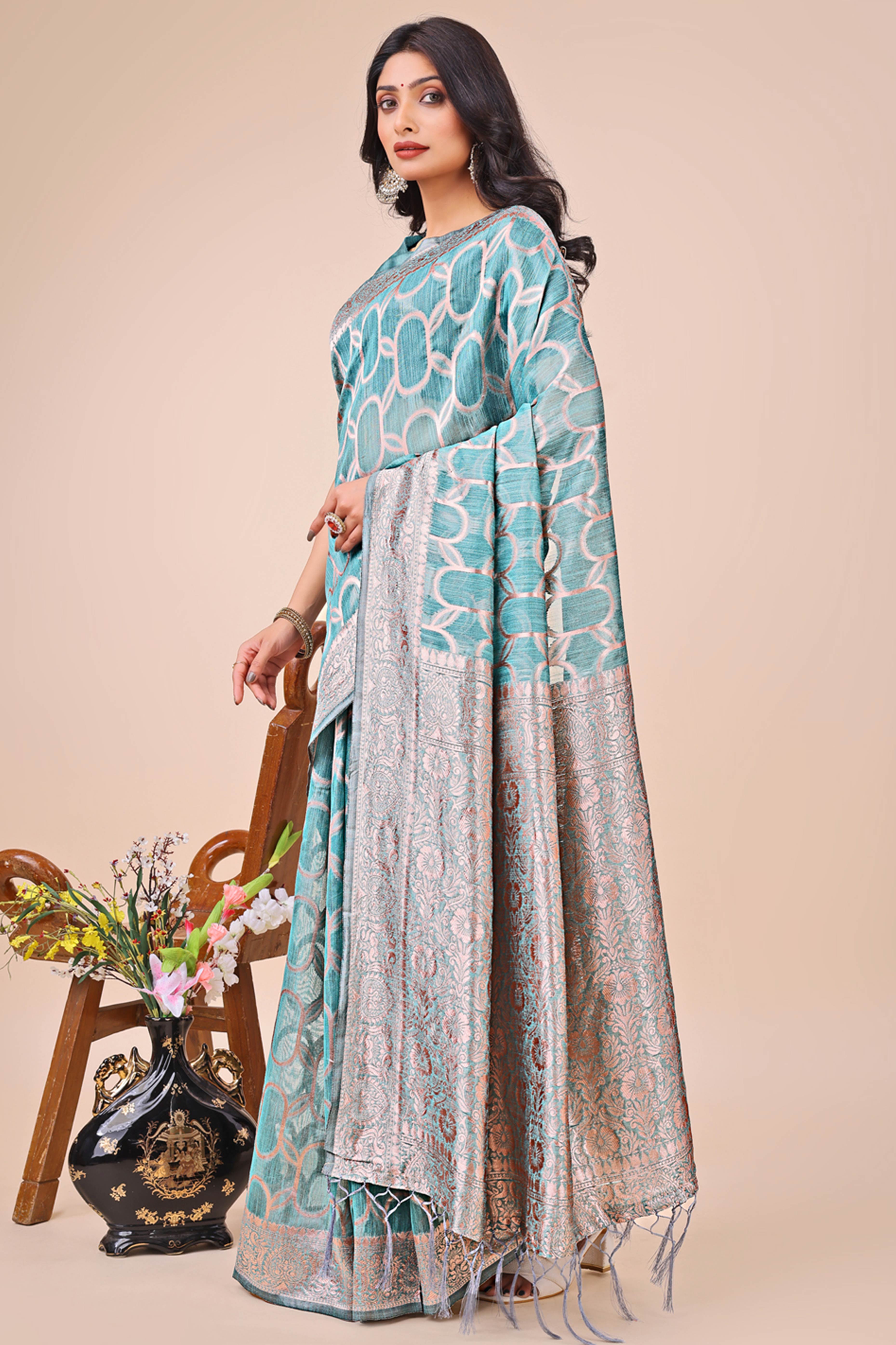 Blue Linen Cotton Saree With Floral Zari Weaving & Delicate Tassel Border