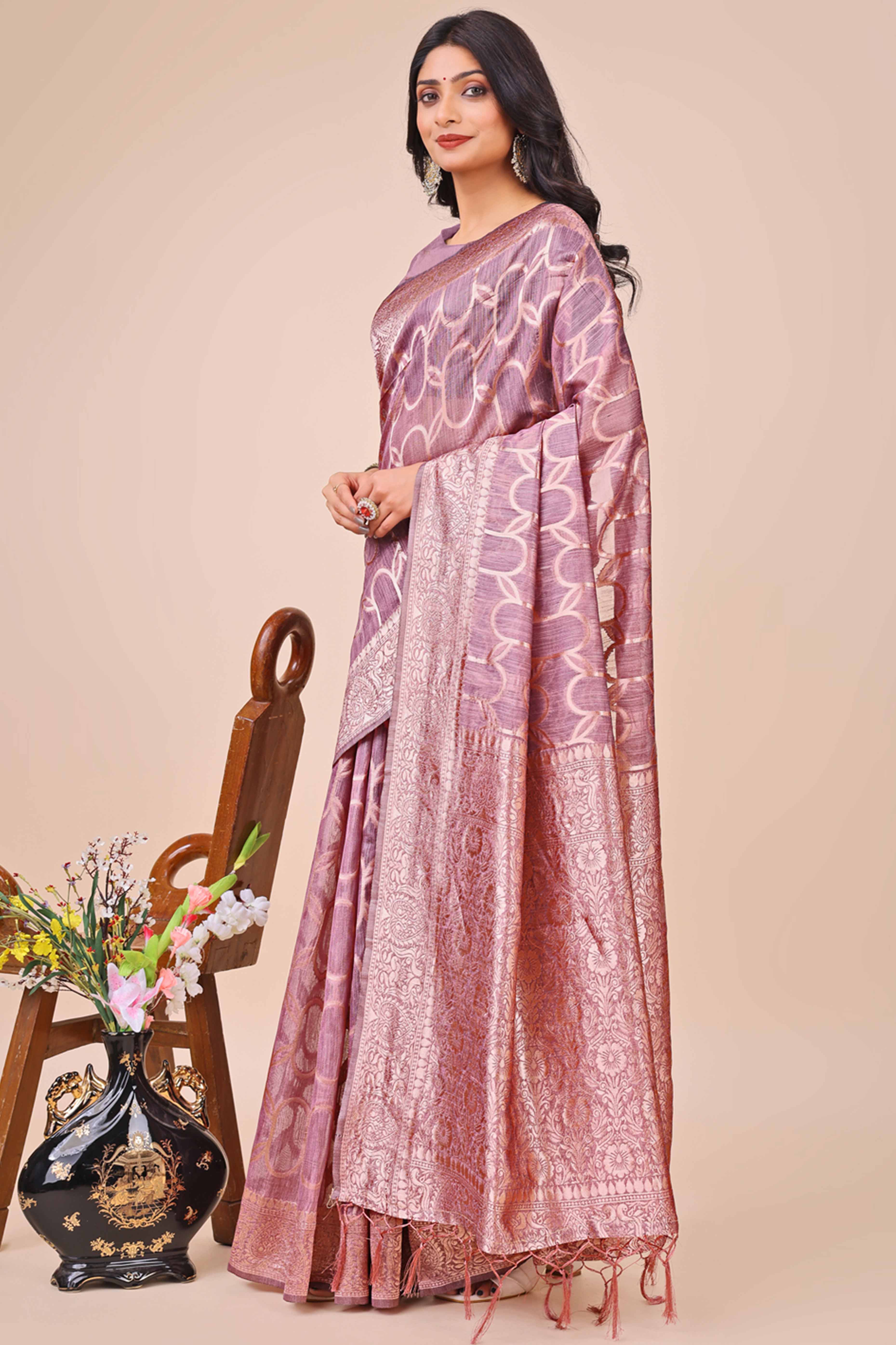 Purple Linen Cotton Saree With Floral Zari Weaving & Delicate Tassel Border