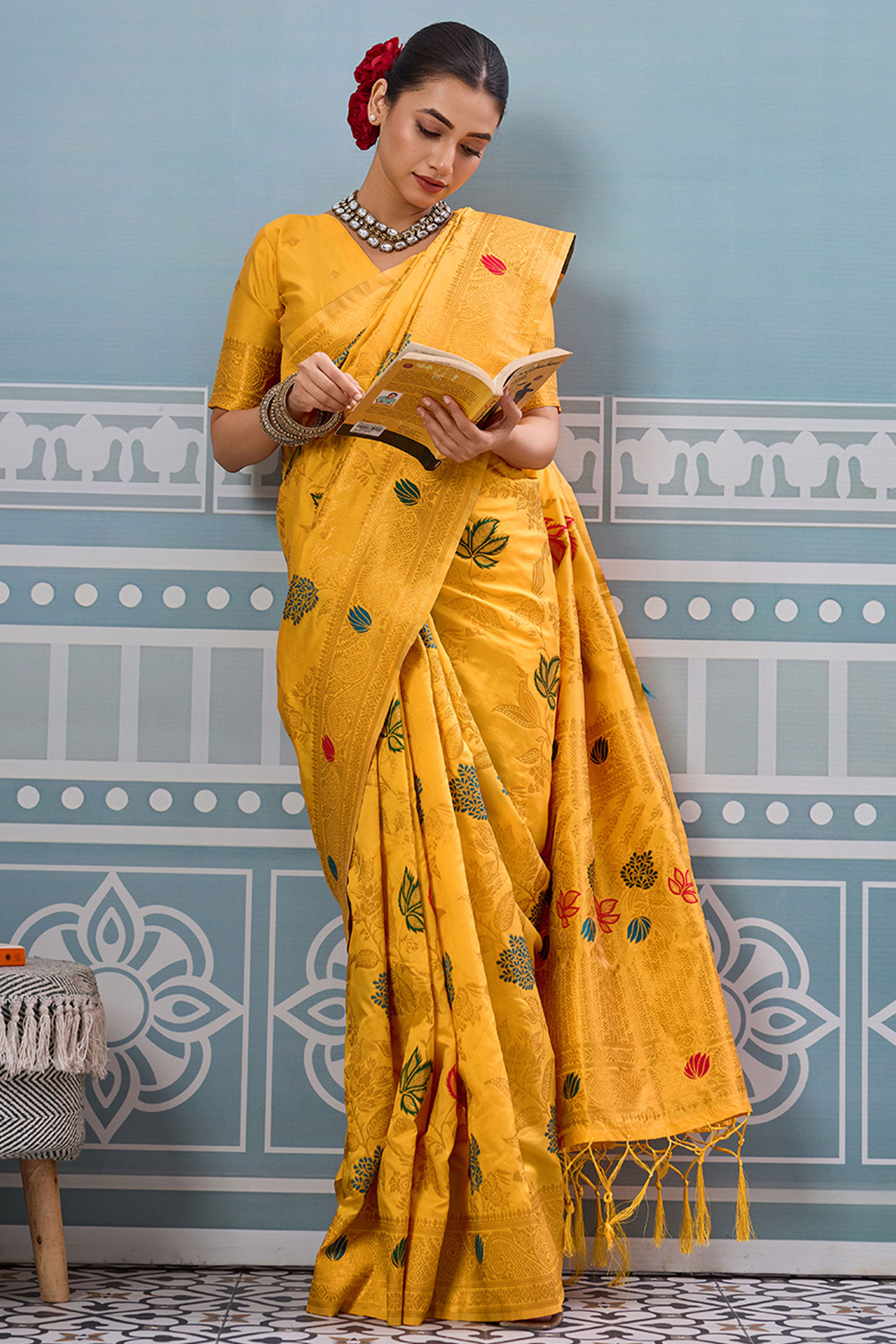 Radiant Yellow Silk Blend Saree Adorned With Intricate Floral Zari Weaving & Tassel Pallu