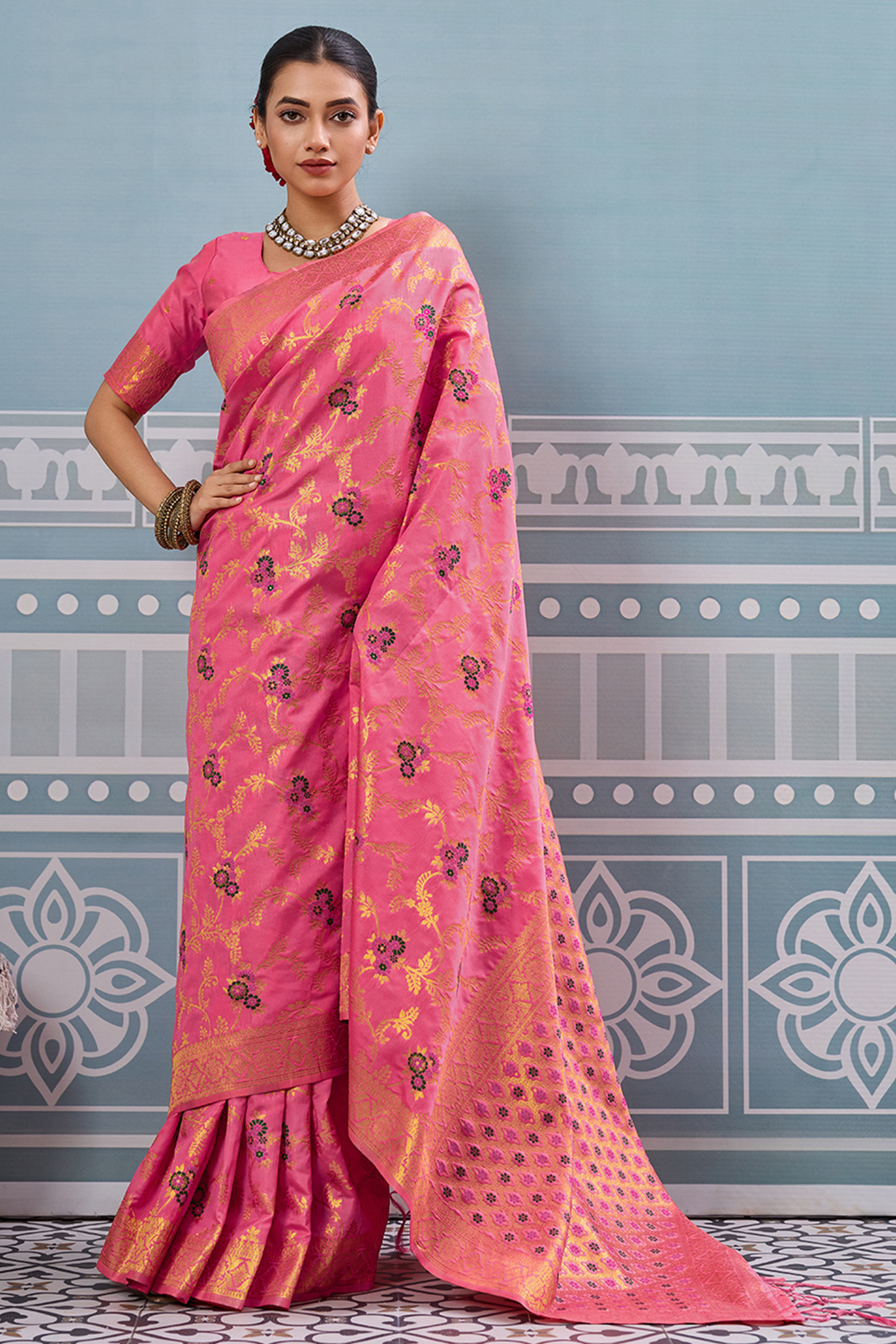 Majestic Bloom Pink Floral Zari Weaving Silk Blend Saree With Elegant Tassel Pallu