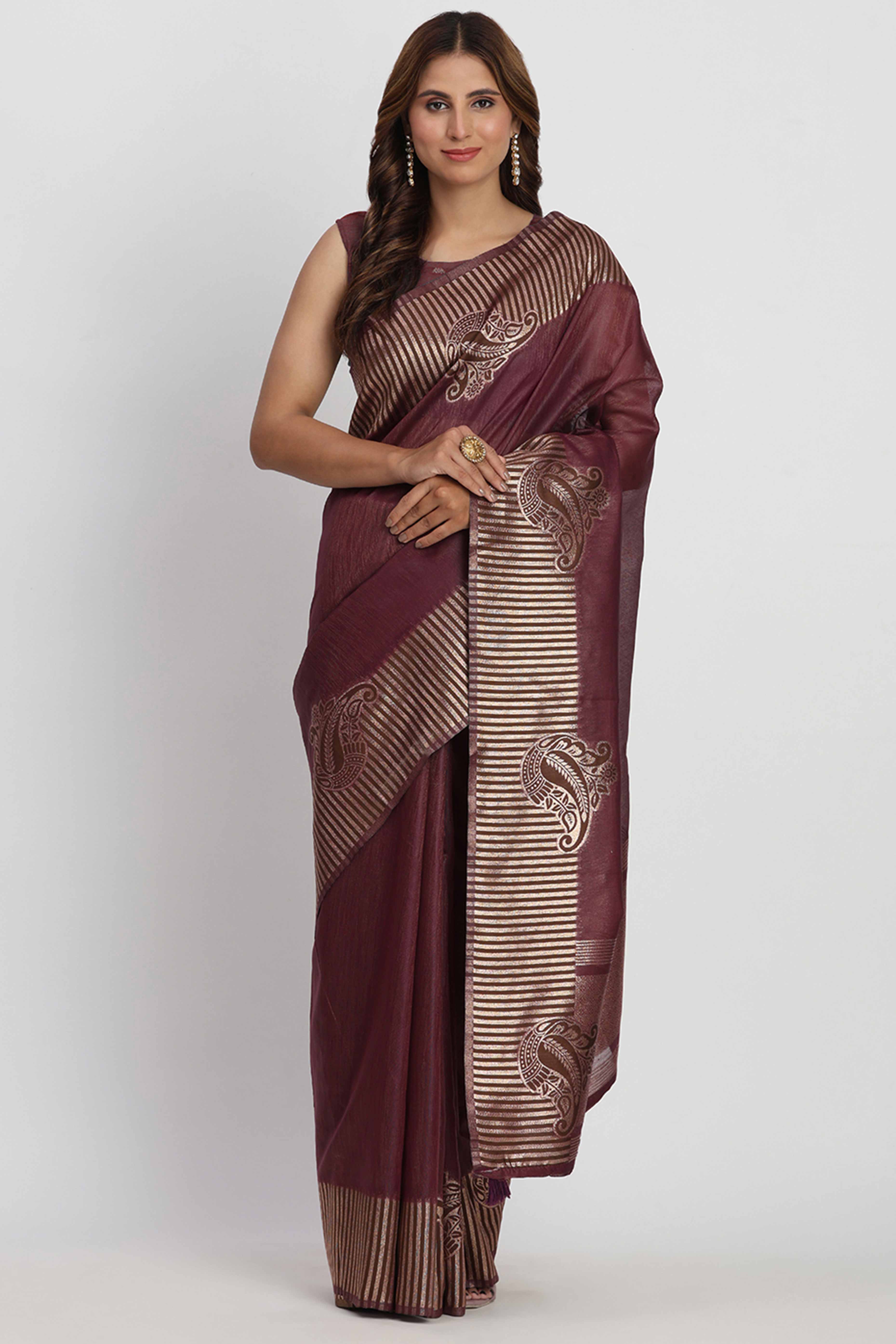 Linen Cotton Saree in Wine Hue Featuring Rich Zari Weaving