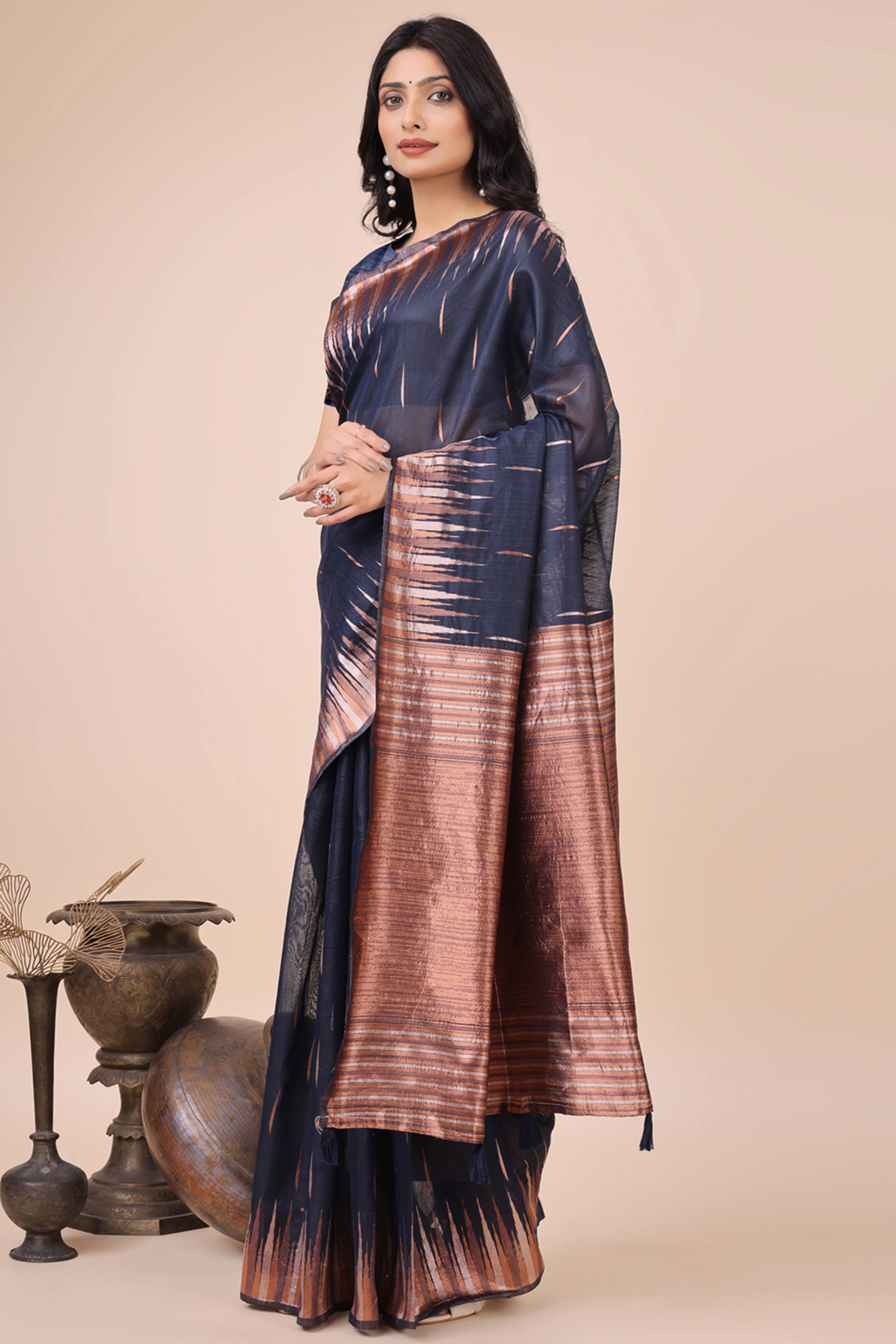 Navy Blue Saree In Linen Cotton With Exquisite Zari Weaving & Subtle Tassel Border