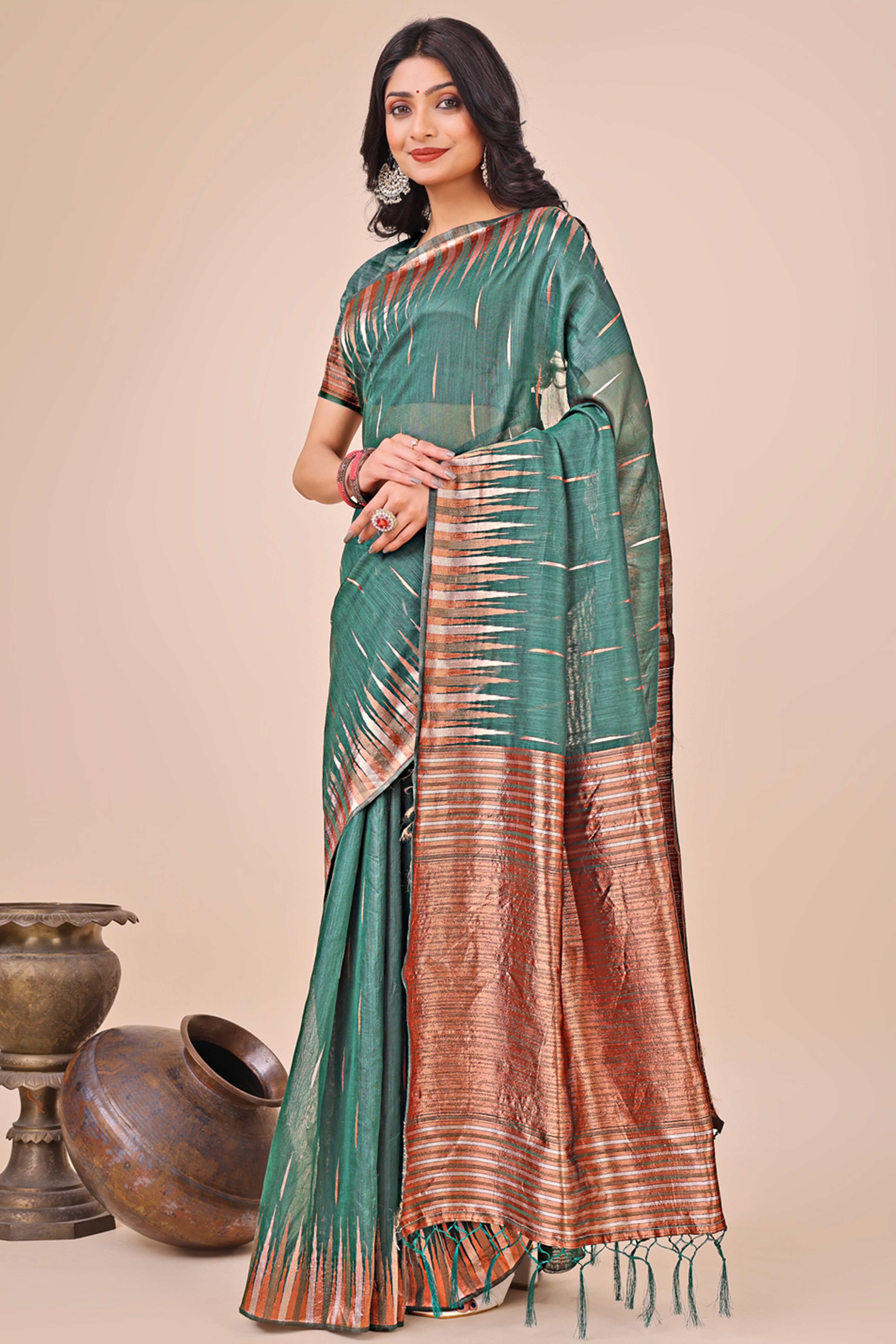 Green Saree In Linen Cotton With Exquisite Zari Weaving & Subtle Tassel Border