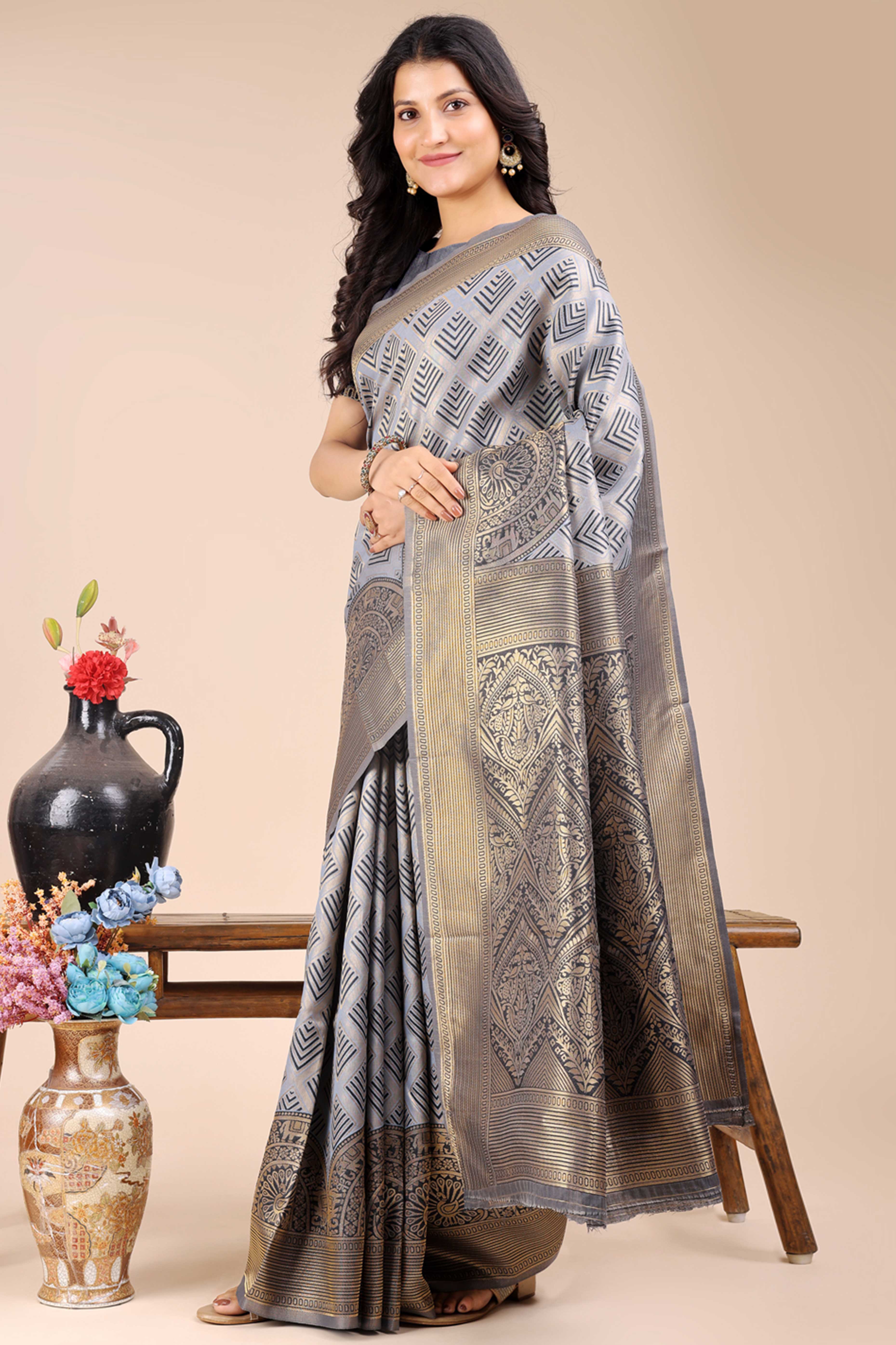 Grey Zari Woven Banarasi Silk Saree with Luxurious Detailing